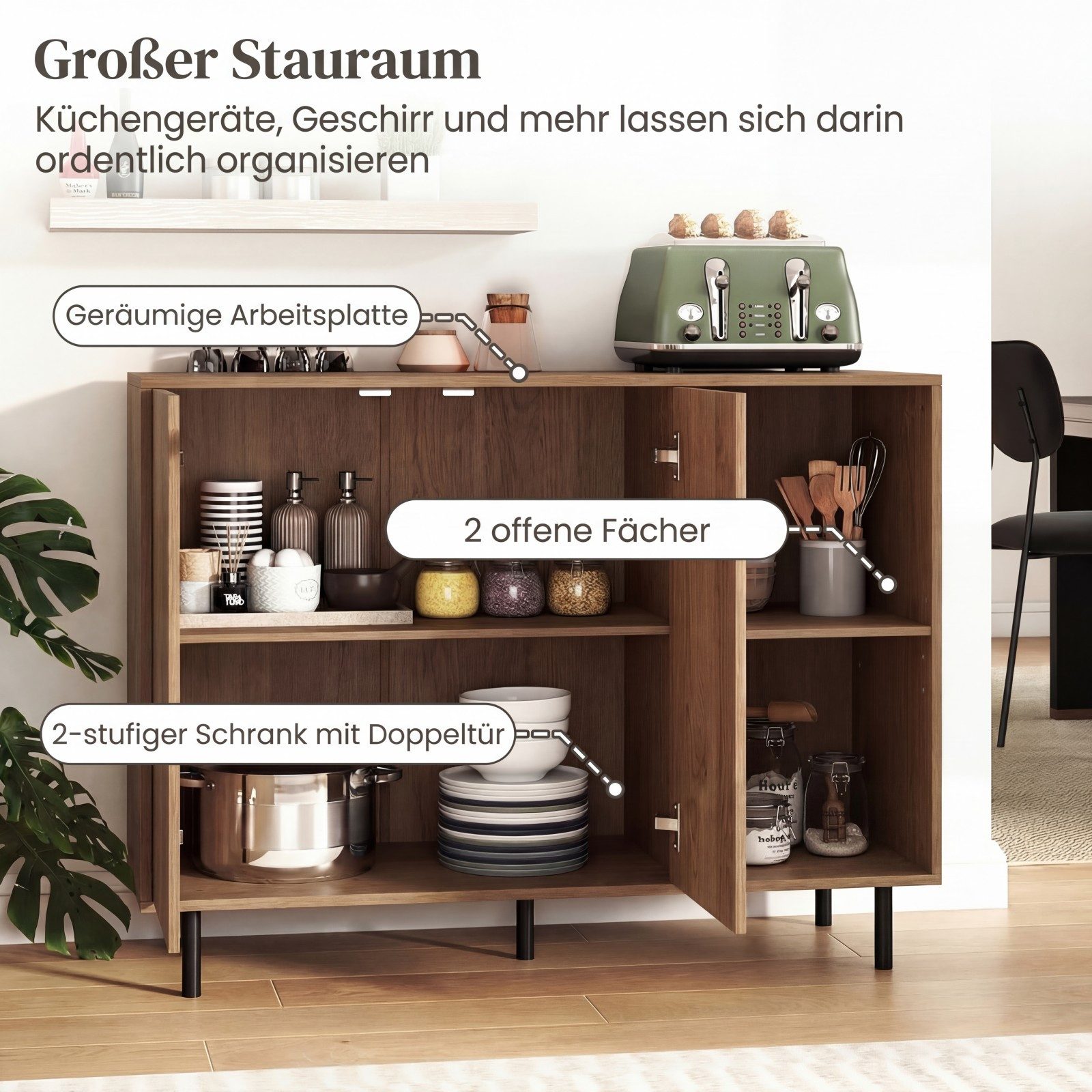 COSTWAY Sideboard, Anrichteschrank mit Fächern, verstellbare Ablagen, 106x38x80cm