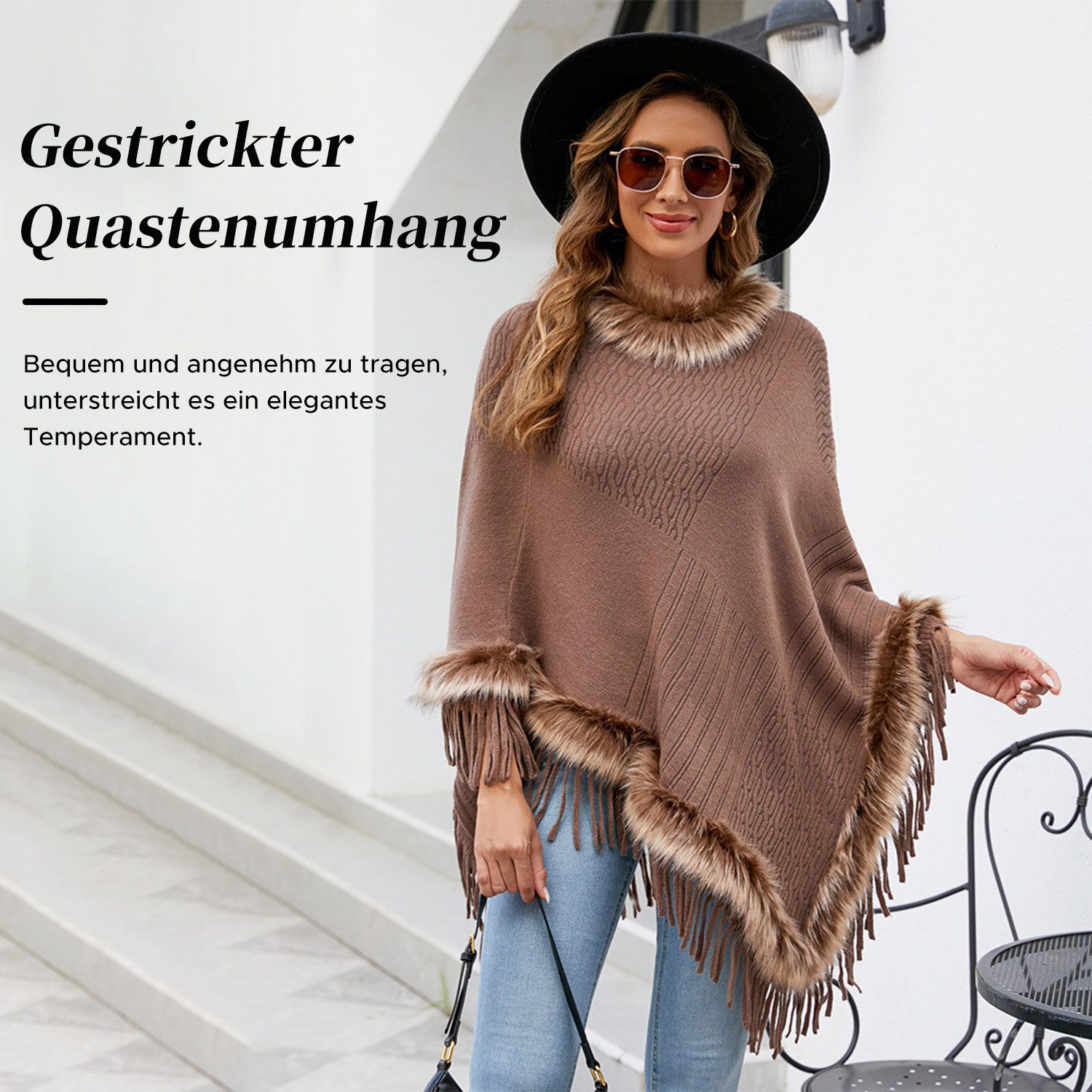 Refttenw Poncho Poncho mit Fransen,Warmer Winterponcho,Kunstfellkragen Wickelschal