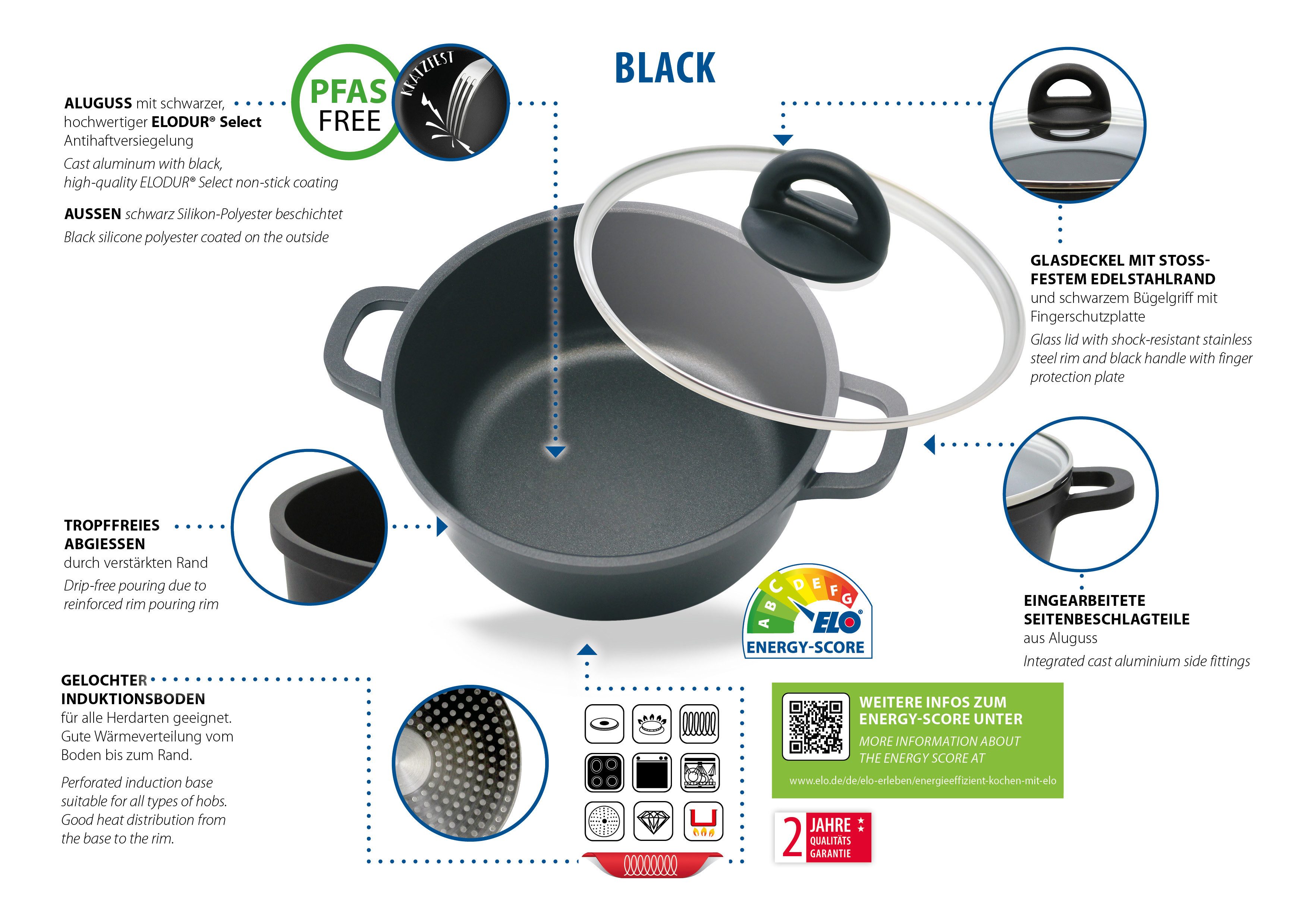 Elo Topf-Set Black, Ducato, Aluminiumguss (Set, 11-tlg., 3 Töpfe mit Deckel, 1 Stielkasserolle, 2 Bratpfannen, 2 Stapelschutz), mit hochwertiger Antihaftversiegelung, Induktion