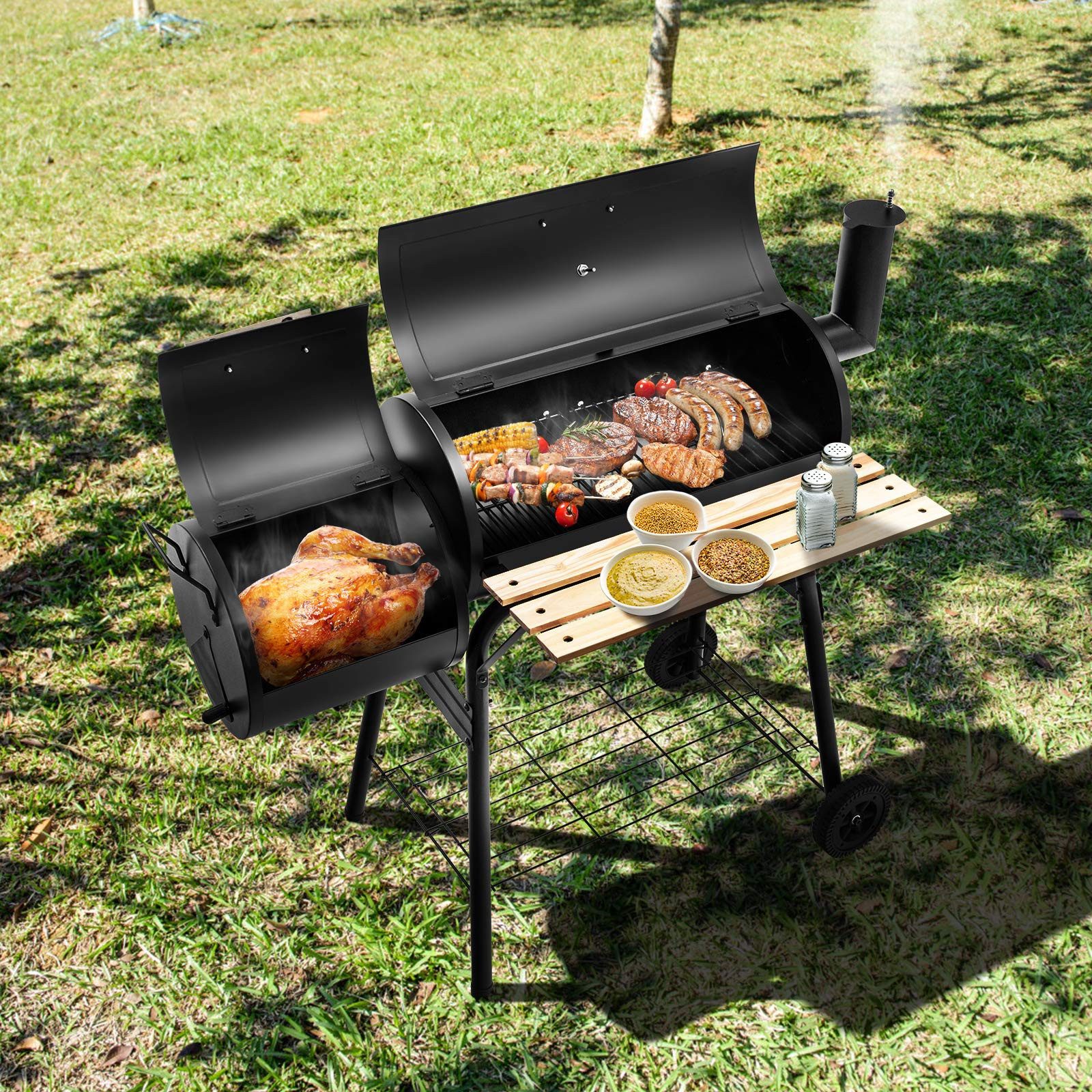 COSTWAY Holzkohlegrill Campinggrill 2 in 1, mit 2 Grillrost & Rädern