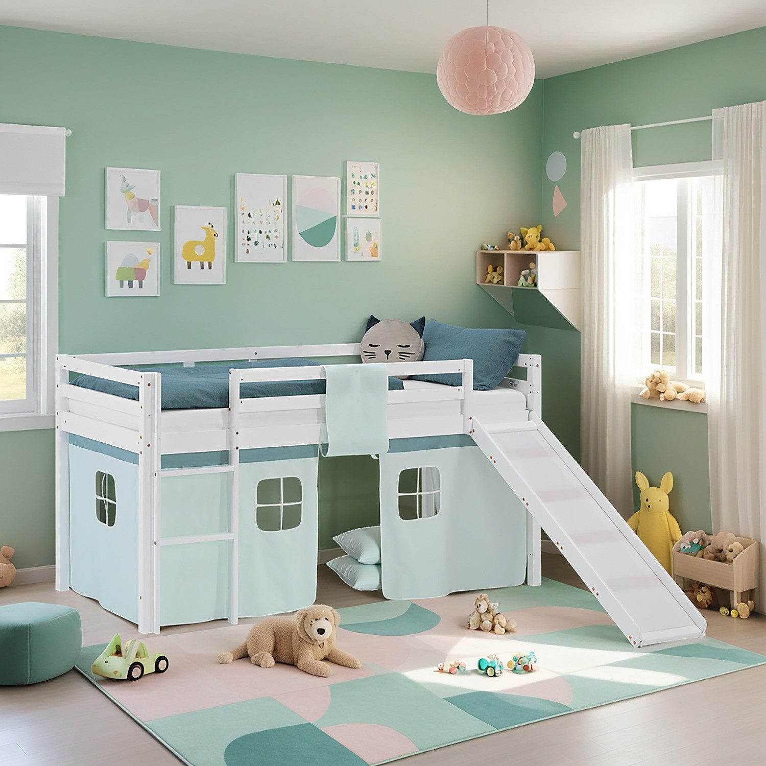 Homestyle4u Hochbett Kinder mit / ohne Rutsche 90x200 Holz Jungen Grün Mint Vorhang (Set, mit Lattenrost und Rutsche, Spielbett) mit Rausfallschutz, Junge
