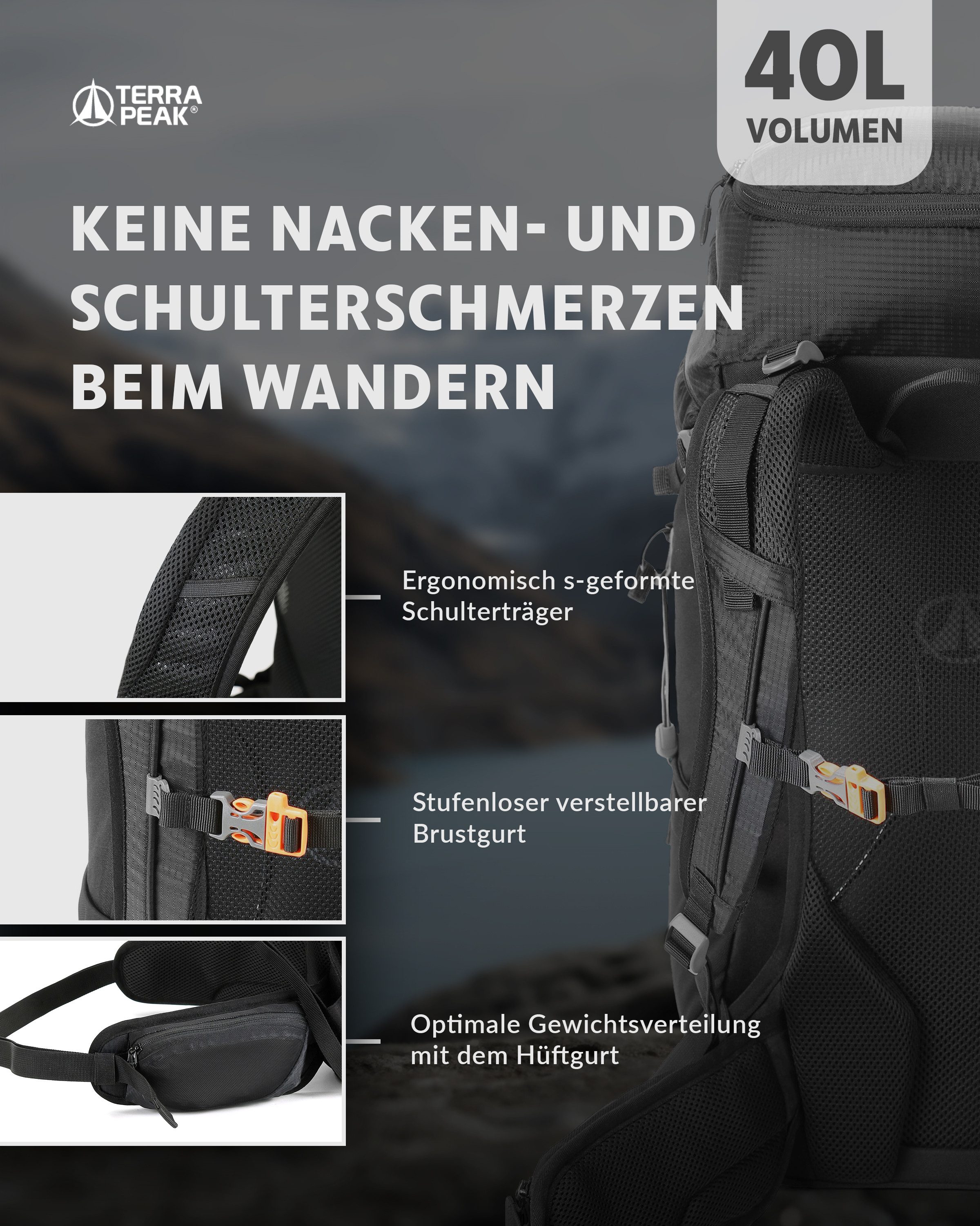 Terra Peak Wanderrucksack Airant 40, Rucksack mit belüftetem Netzrücken groß, 40 Liter