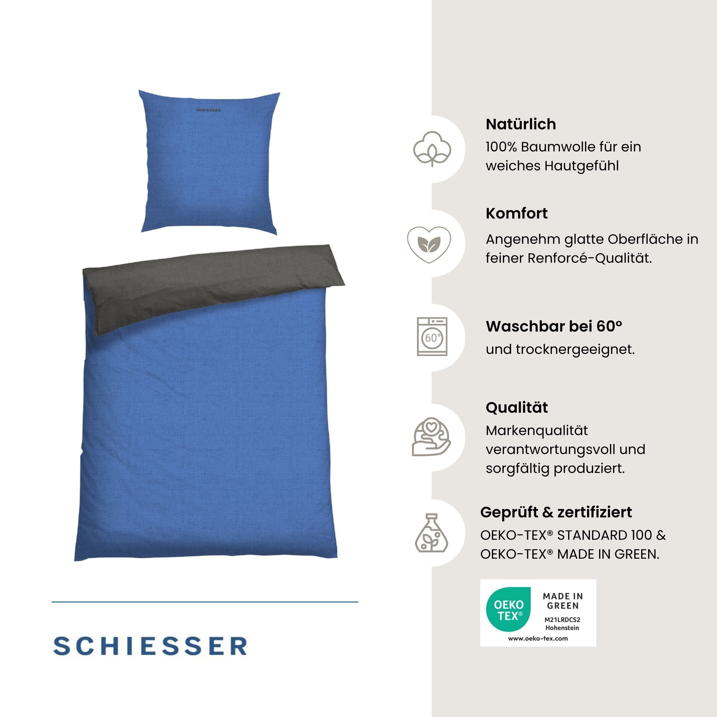 Schiesser Wendebettwäsche Doubleface aus weicher Baumwolle mit edlem Melangeeffekt, Renforcé, 2 teilig, ab Größe 135x200 cm erhältlich, OEKO-TEX® MADE IN GREEN – Bild 2 von 5