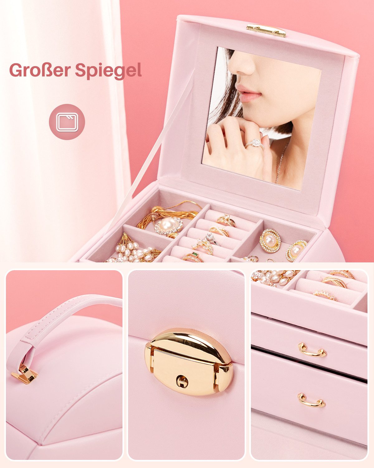 Yorbay Schmuckkasten Schmuckkoffer komplett abschließbar Schmuckkasten (Mit 3 Ebenen, Mit Spiegel), Schmuckkästchen für Halsketten, Ringe, Armbänder, Ohrringe,  – Bild 5 von 5