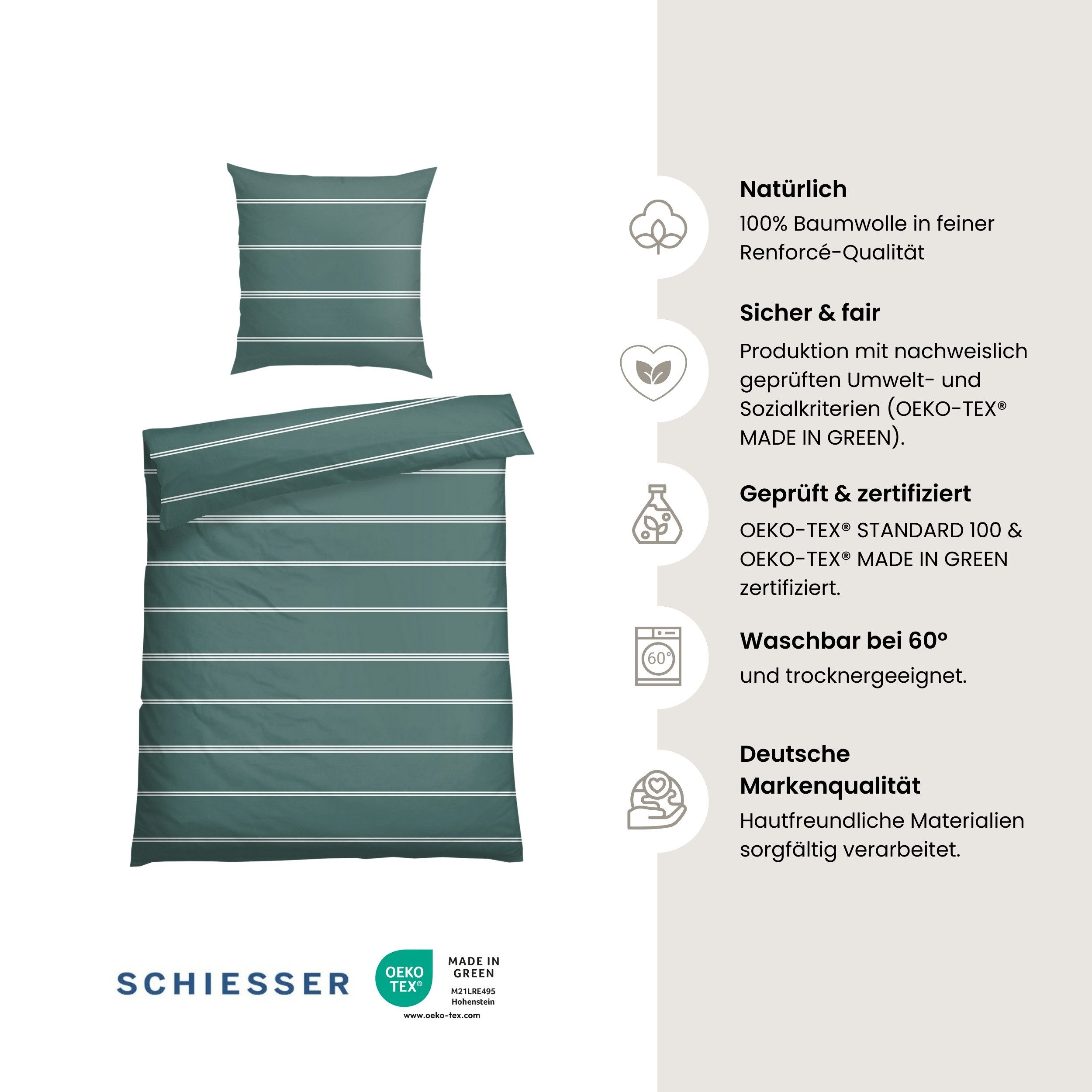 Schiesser Bettwäsche Matteo aus weicher Baumwolle mit klassischem Streifendesign, Renforcé, 2 teilig, MADE IN GREEN by OEKO-TEX®