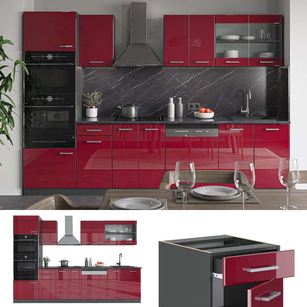 Vicco Küchenzeile R-Line, Rot Hochglanz/Anthrazit/Anthrazit, 300 cm mit Hochschrank, ...