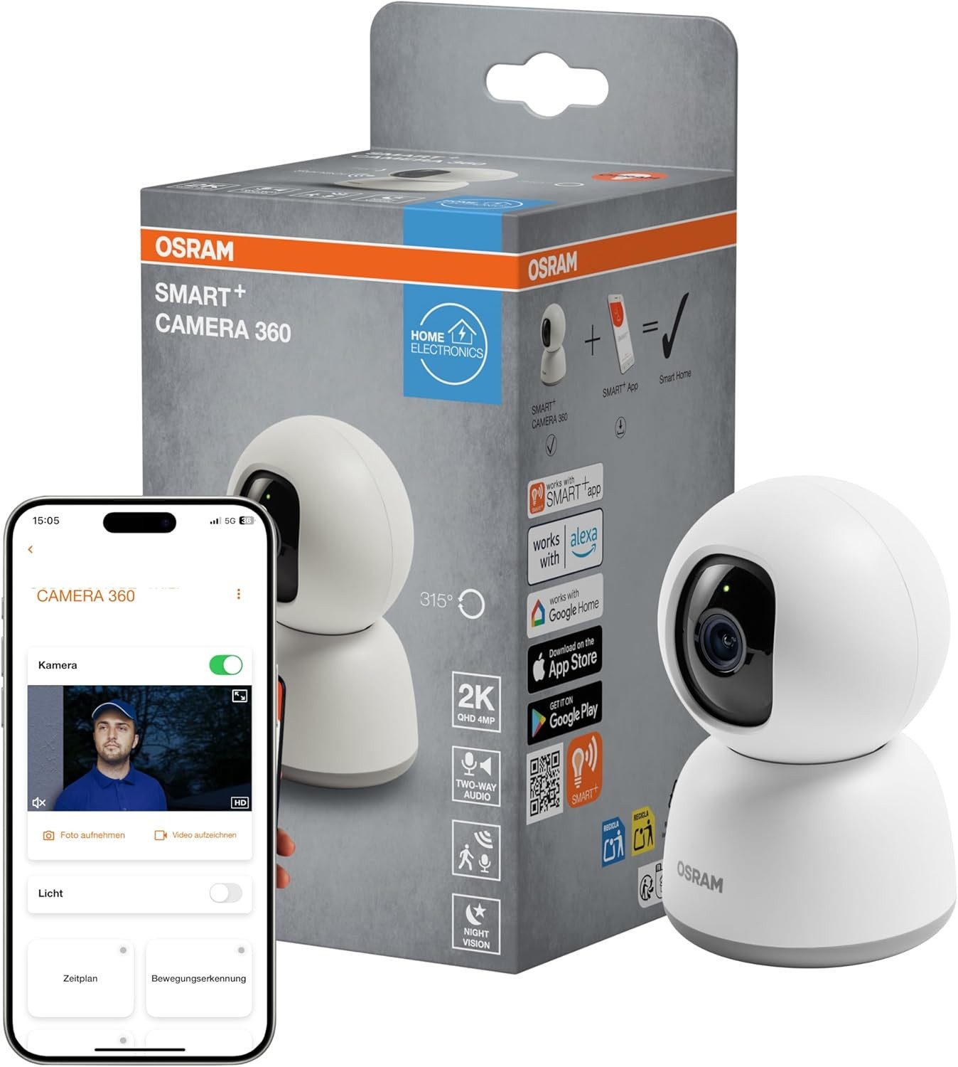 Osram Überwachungskamera Osram SMART + WiFi Kamera 360° 4MP Überwachungskamera Weiß
