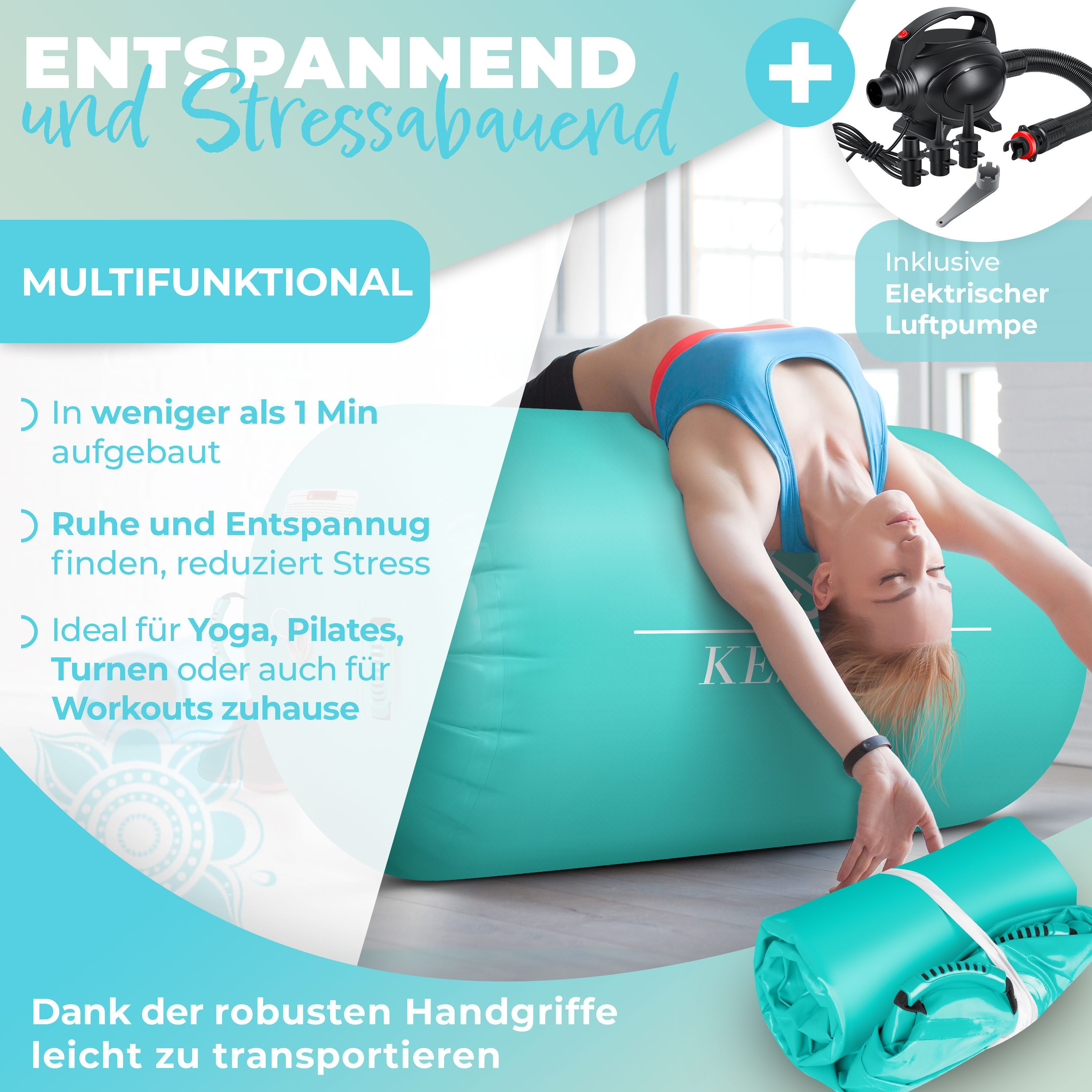KESSER Gymnastikmatte, Aufblasbare Air Roll Airtrack, Gymnastik-Rolle inkl. Tragetasche