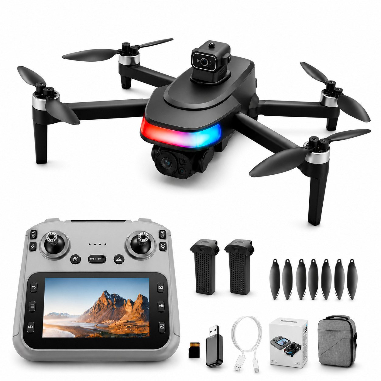 Goldstern-Tech RC-Quadrocopter (1080 Full HD Kamera, 4,5 Zoll Display-Fernsteuerung, 2km Reichweite & 40 min Flugzeit, GPS-Rückkehr), Waypoint-Flug, Hinderniserkennung, Follow-Me & 360° Flug