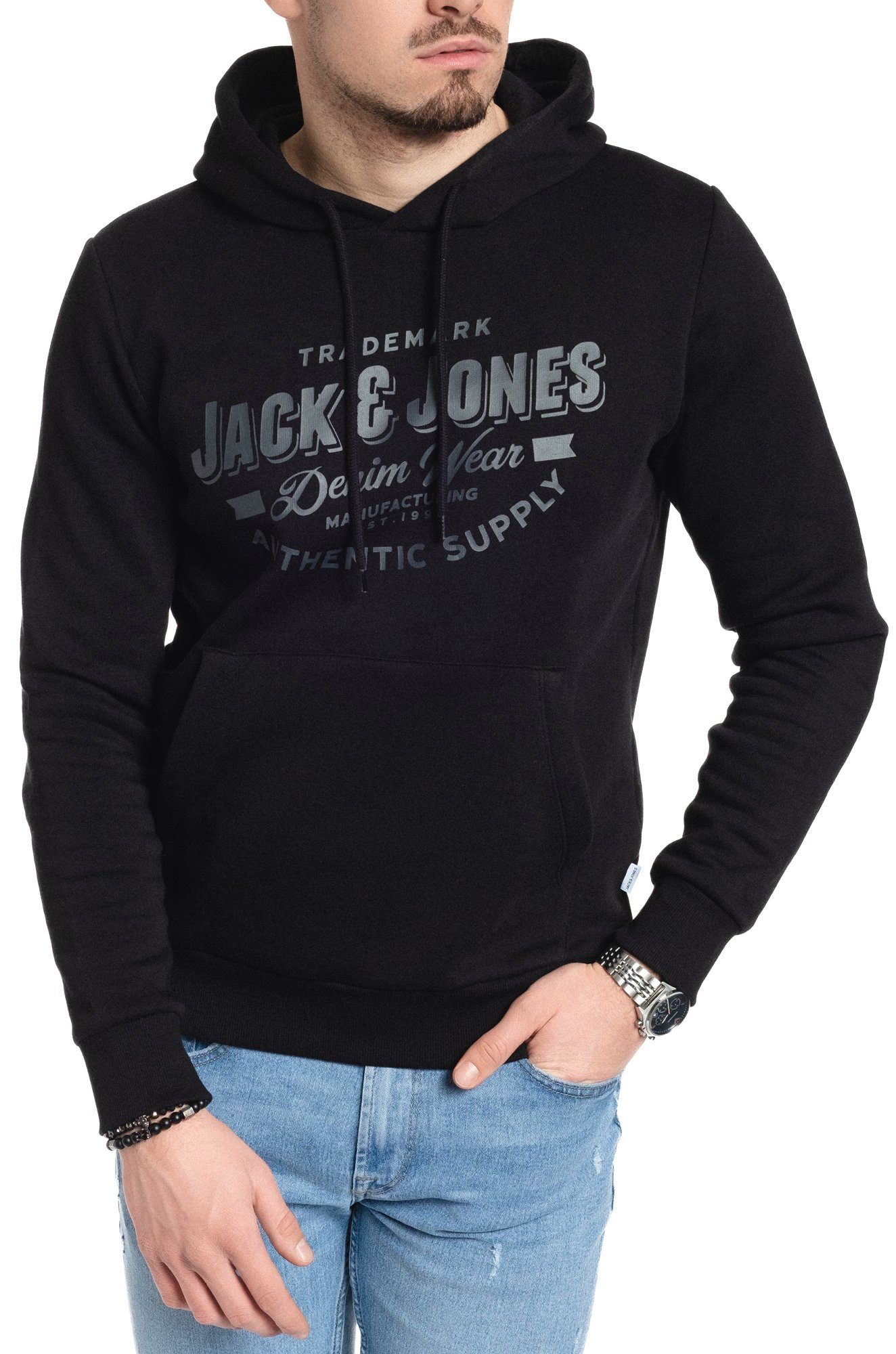 Jack & Jones Kapuzensweatshirt mit Kängurutasche, unifarben, mit Logodruck, mit Kapuze Black-Asphalt