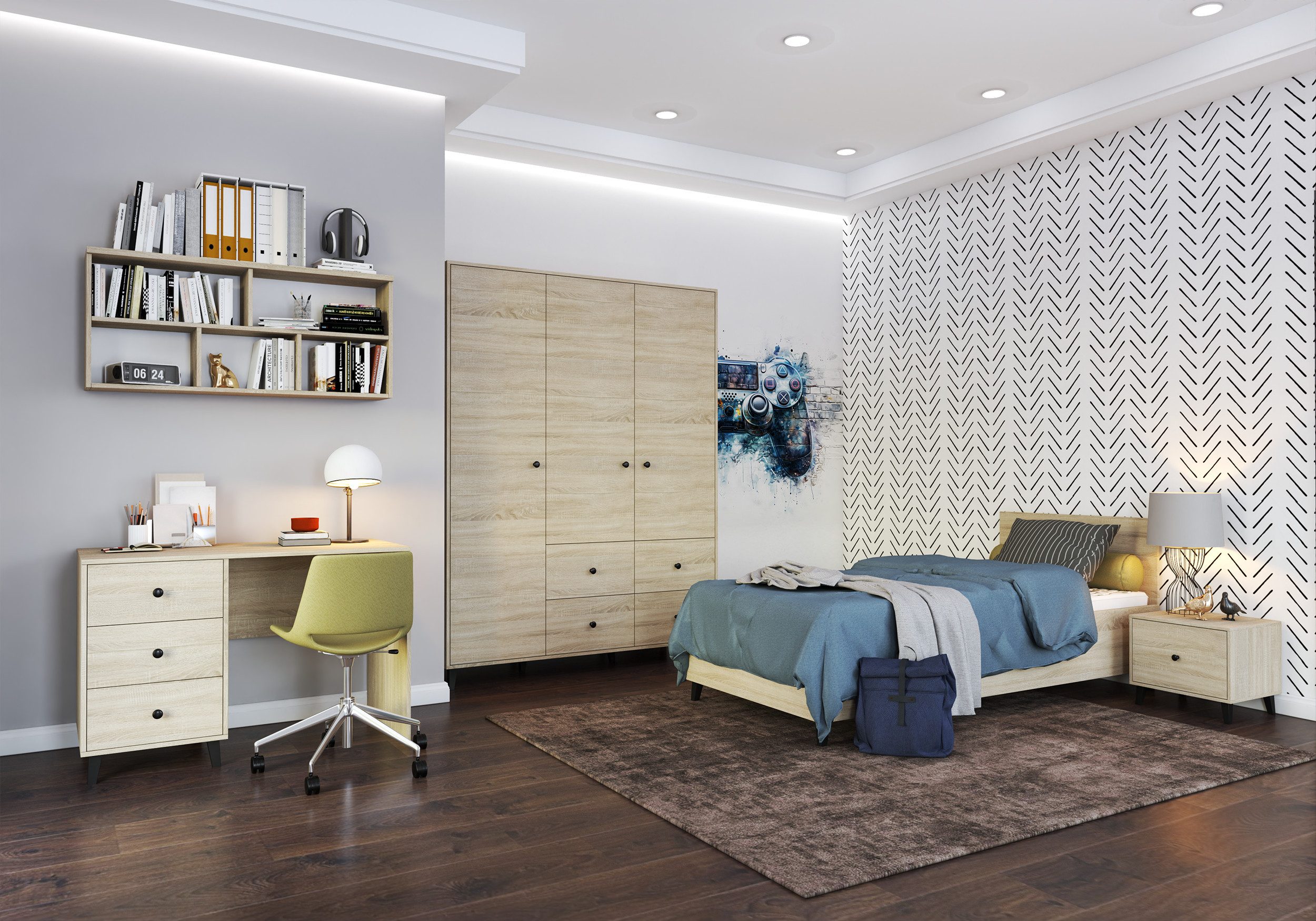 möbel-direkt.de Jugendzimmer-Set Mavaro in Eiche Sonoma mit Akzenten in Schwarz, (Komplett Set, 5-tlg., in verschiedenen Zusammenstellungen wählbar), schwarze Metall- Knopfgriffe, mit schwarzen Leisten (zum Aufkleben)