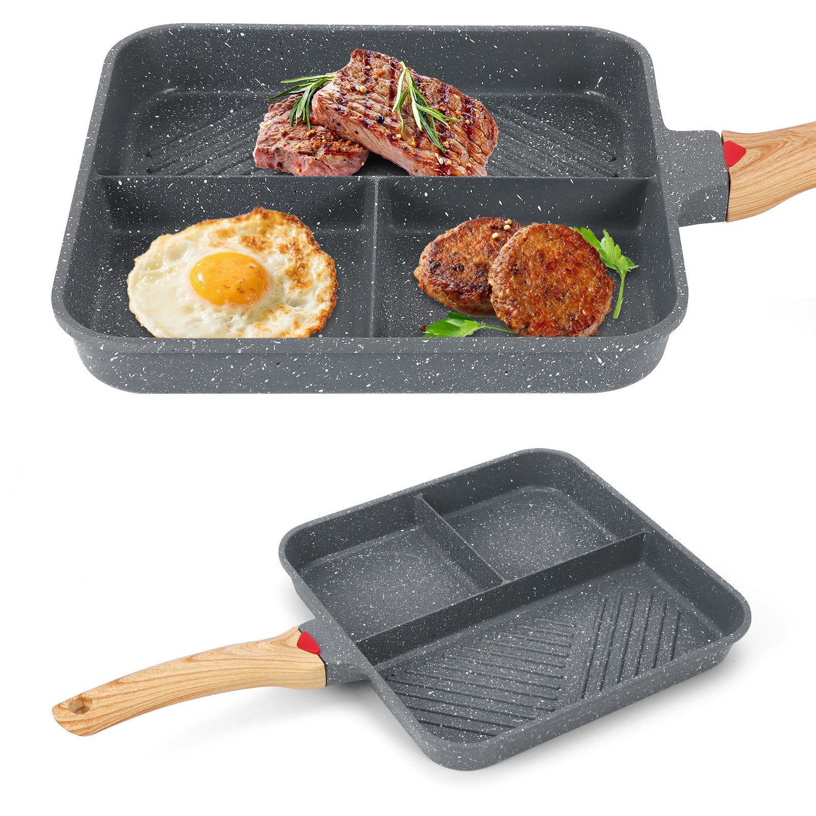 BlingBin Bratpfanne Antihaftbeschichtete Aluminium 3-in-1-Grillpfanne mit Bakelit-Griff, Aluminium (1 Stück, 1-tlg., 24.5*24.5*4cm,Quadratische Eierpfanne, Steakpfanne), Vielseitig für Eier, Steak, Gemüse & mehr