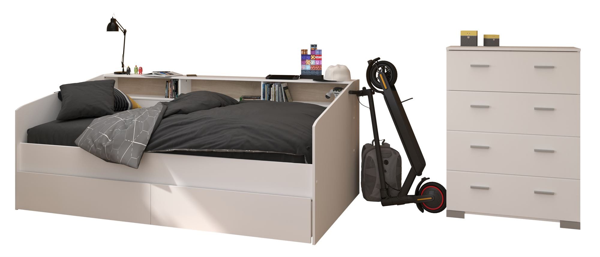 58 aufm Kessel Jugendzimmer-Set Kinderzimmer Set Parisot Sleep 3-tlg. Holzdekor Weiß/Eiche, (inkl. Versand, Lieferung bis Verwendungsstelle), Regalrückwände beim Bett in Weiß oder Eiche