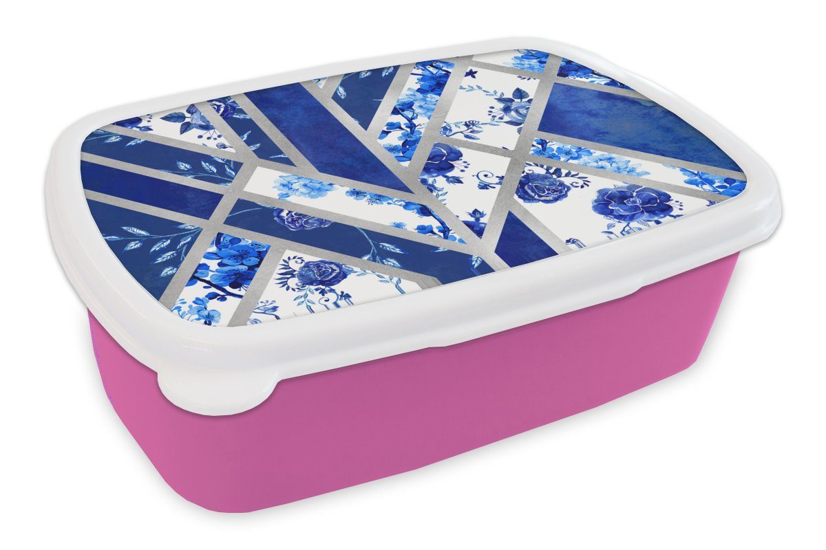 MuchoWow Lunchbox Design - Delfter Blau - Luxus, Kunststoff, (2-tlg), Brotbox für Erwachsene, Brotdose Kinder, Snackbox, Mädchen, Kunststoff rosa