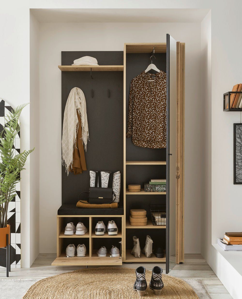 moebel-dich-auf Kompaktgarderobe VOLAM (Paneel + Sitzbank + Garderobenschrank, in Artisan Eiche Nb. / schwarz) 114 cm breit