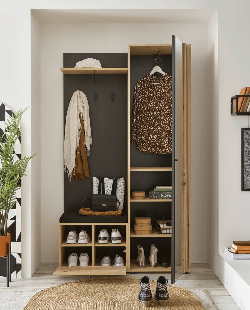 moebel-dich-auf Kompaktgarderobe VOLAM (Paneel + Sitzbank +  Garderobenschrank, in Artisan Eiche Nb. / schwarz) 114 cm breit