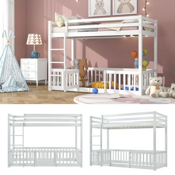 NMonet Etagenbett Hochbett Kiefernholz Kinderbett, mit rechtwinkliger Treppe, Zäune und Türchen, Massivholz, weiß