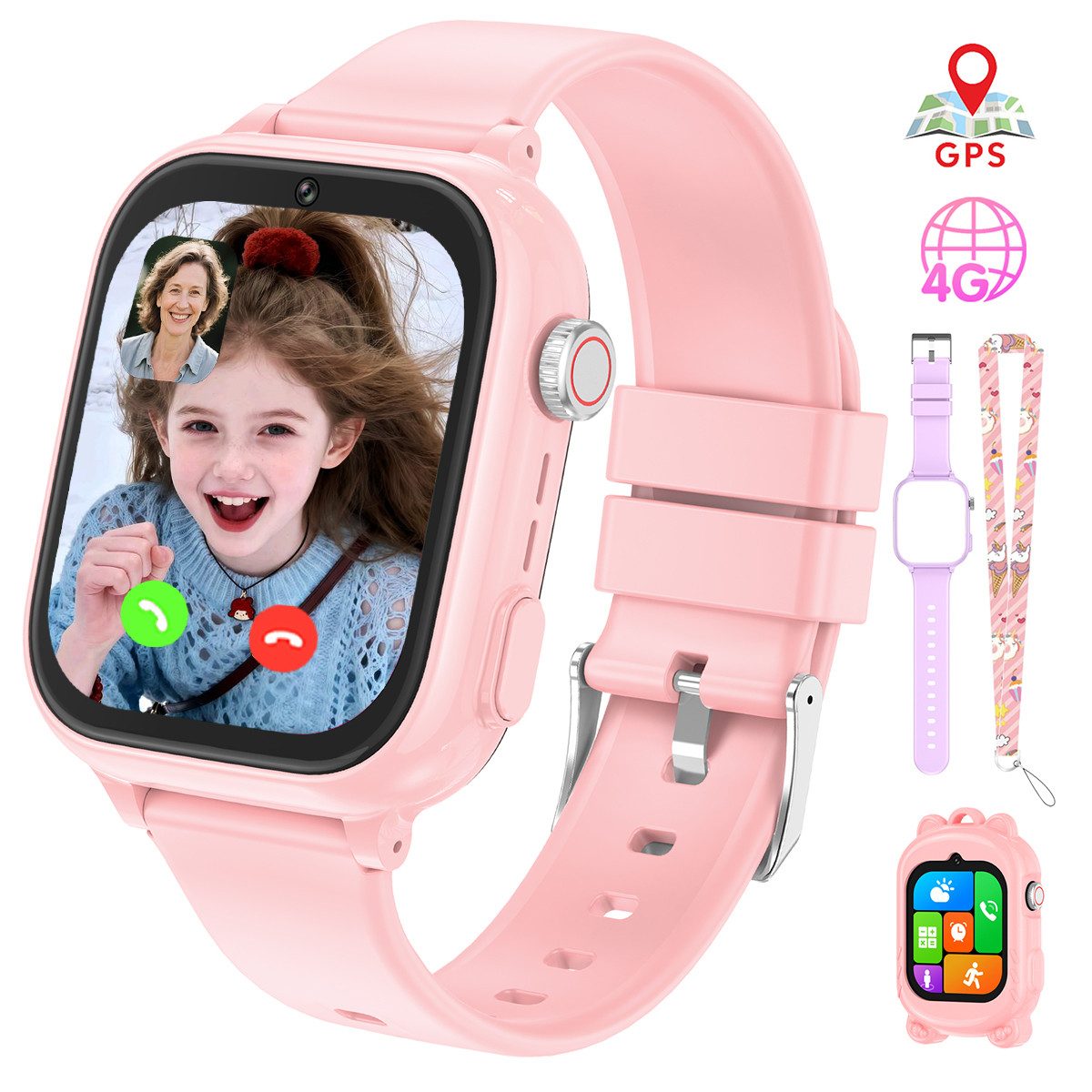 Vashoy Kinderuhr T59/T53 Smartwatch Kinder mit GPS,Kindgerecht sicher Smartwatch (5 cm/1.83 Zoll, RTOS/4G (LTE) 4G Telefonfunktionen Smartwatch, 6-tlg., Mit App-Download-Funktion, Verschiedene Gehäusevarianten, Schulmodus,Geschenke für Kinder im Alter von