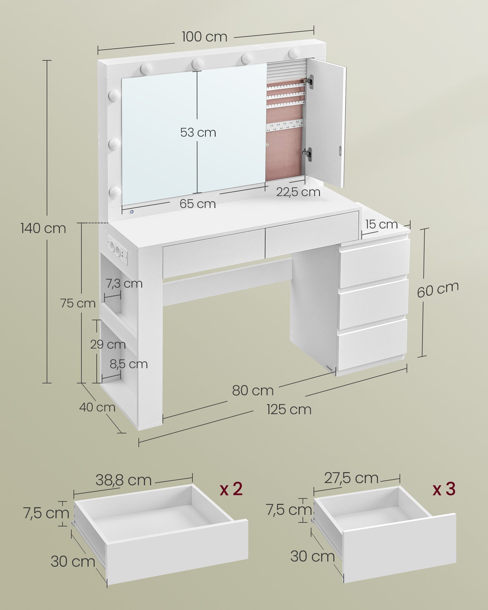VASAGLE Schminktisch Frisiertisch mit Spiegel, Kosmetiktisch mit Schubladen (1 Tisch mit 1 Hocker), mit Schmuckschrank, Steckdosenleiste, 40 x 125 x 140 cm – Bild 5 von 5
