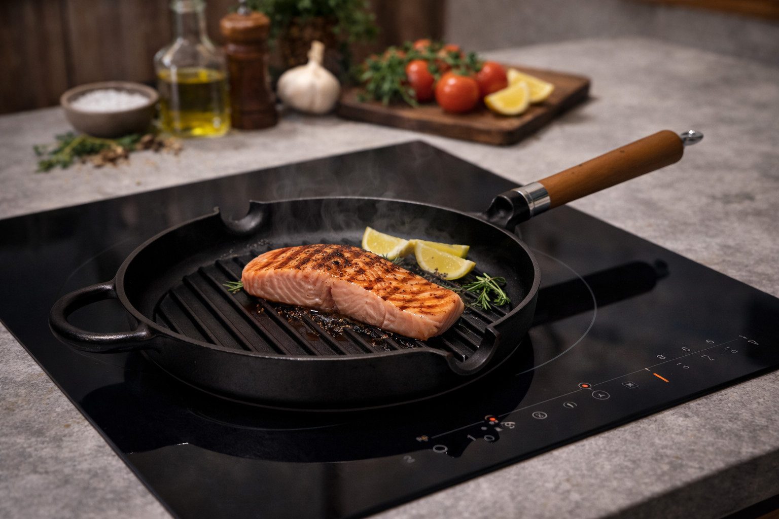 Ronneby Bruk Grillpfanne Maestro Pfanne, Ø 28 cm, mit Holzgriff & Gegengriff, Gusseisen (1-tlg)