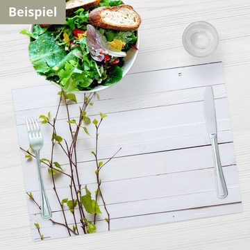 Platzset, Tischset Frühling, Ostern & Blumen - Frühlingszweige auf weißem Tisch, Tischsetmacher, (aus Naturpapier in Aufbewahrungsmappe, 12-St., 44 x 32 cm / weiß-grün), Made in Germany