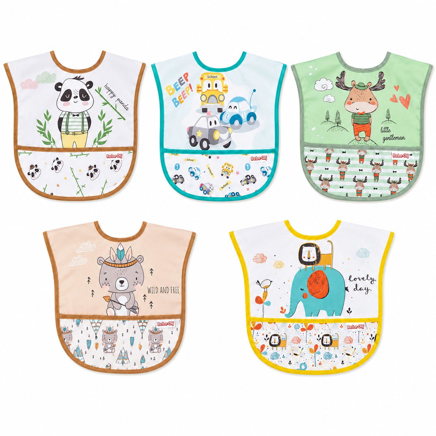 Jungengel Lätzchen 5er Set Baby Auffangtasche Esslätzchen Tiermotive wasserabweisend, (Set, 5-St., 5 Baby-Lätzchen mit verschiedenen Motiven), Mit Auffangtasche, Wiederverwendbar, Pflegeleicht, Uni
