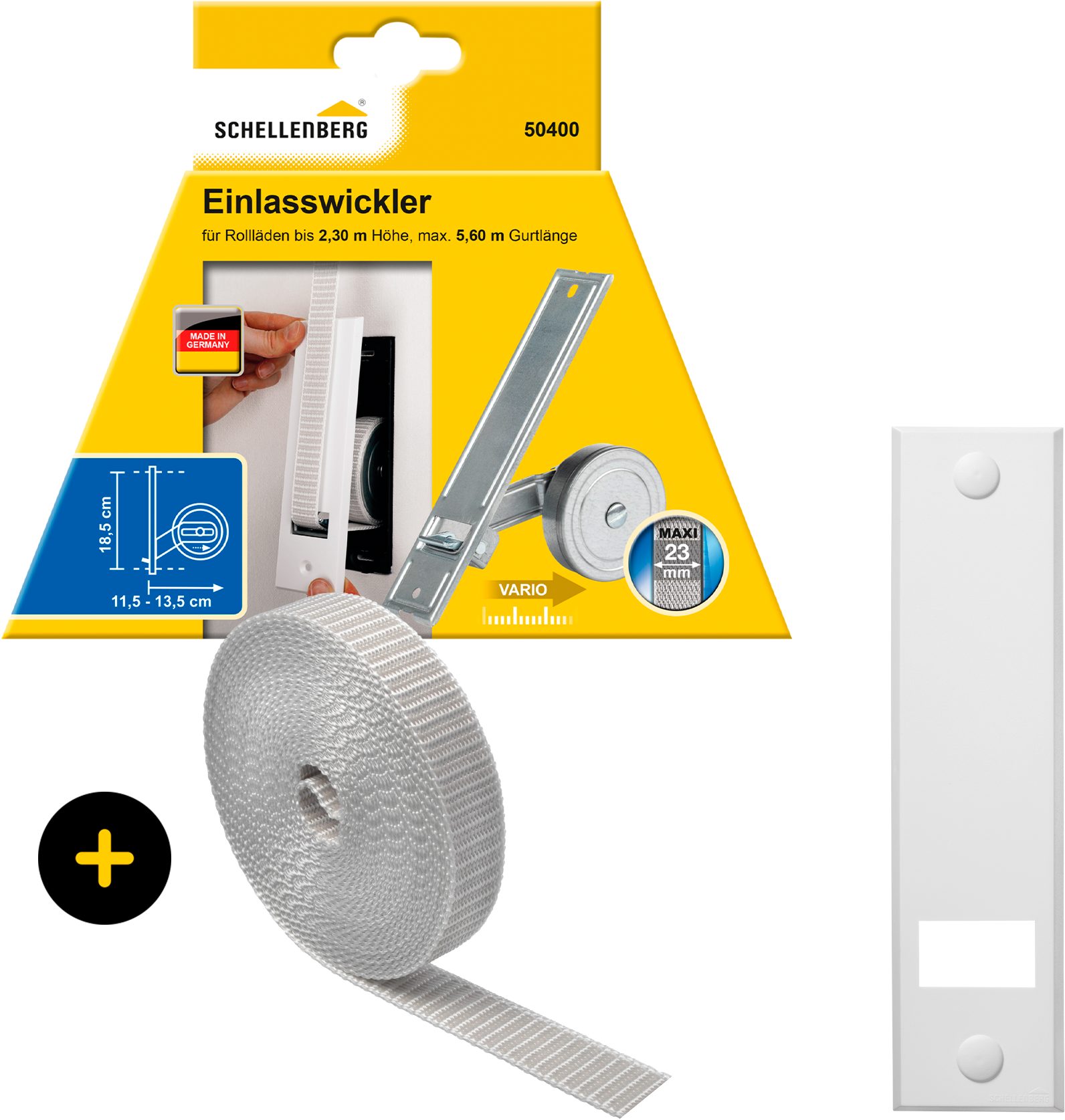 Einlass-Gurtwickler Unterputz, inkl. Abdeckplatte weiß und Rollladengurt in grau oder weiß