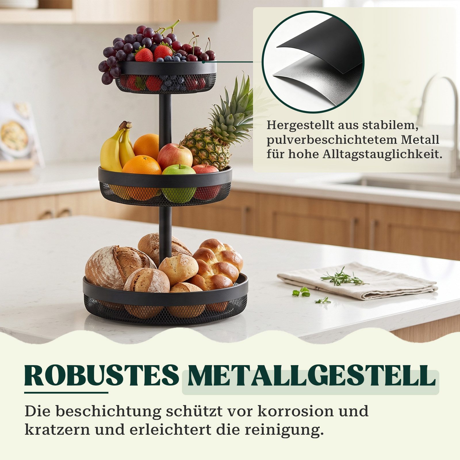 JOYOLEDER Obstschale Obstschale eckig 3-stöckig, 20 cm, 25 cm und 30 cm, Metall, (für Obst, Gemüse, Brot und Snacks)