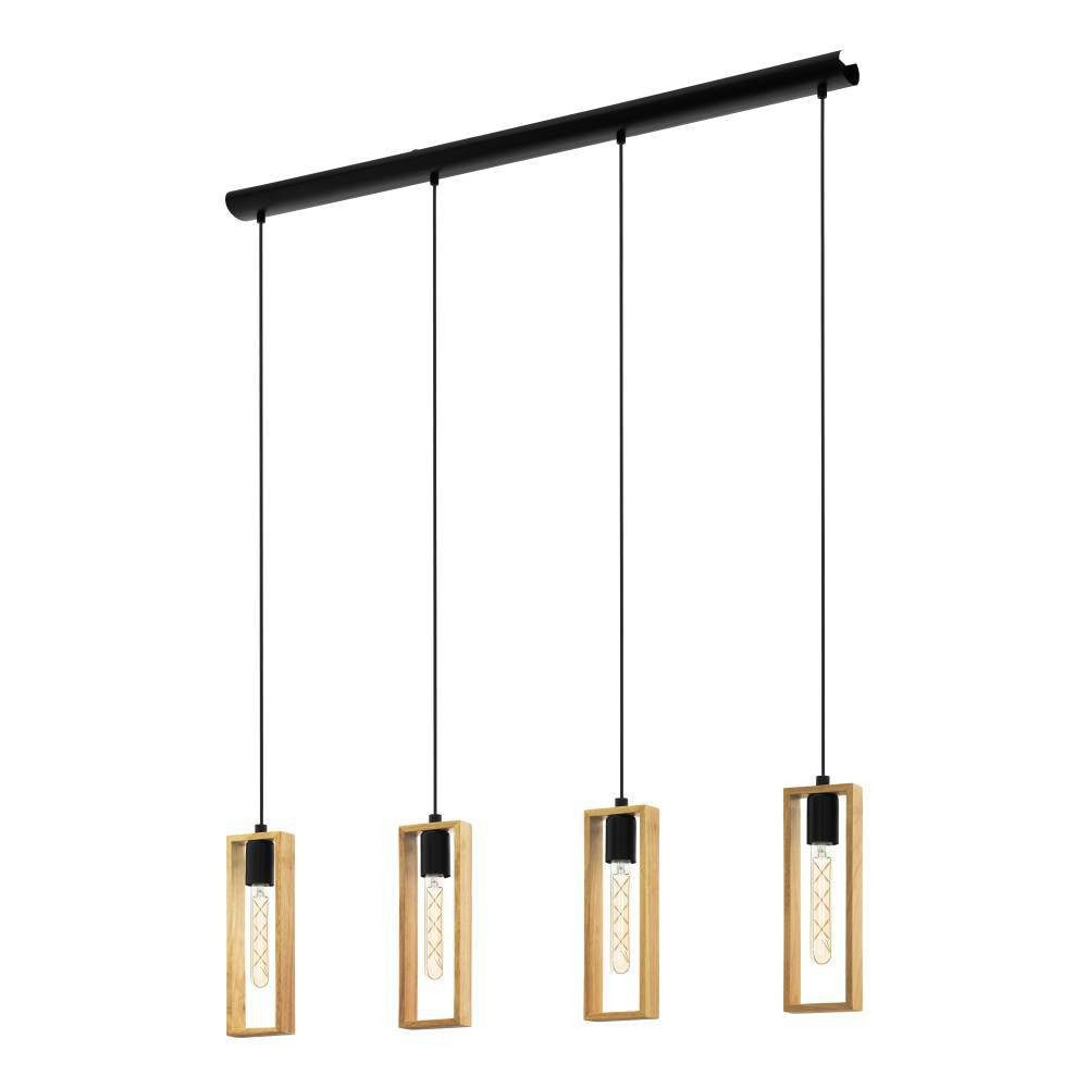 EGLO Hängeleuchte LITTLETON Hängelampe,Vintage, Stahl und Holz, IP20, Pendellampe, Lampe, ohne Leuchtmittel, Pendelleuchte, L116 x B5,5 x H110 cm, schwarz, braun, 4X40W exkl.