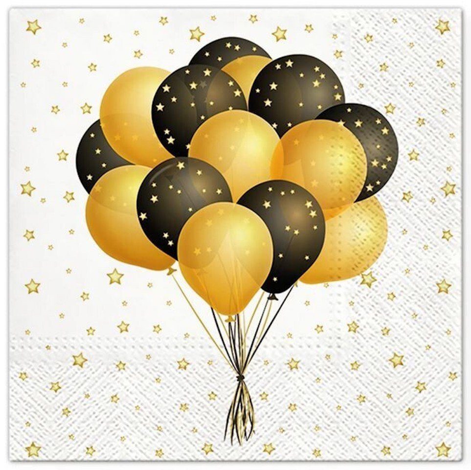 Tete a Tete Papierserviette Geburtstagsparty 33cm, 3 lagig, Luftballons, gold-schwarz Motiv, (20 St), Geburtstag Tischdeko, Serviettentechnik, Decoupage