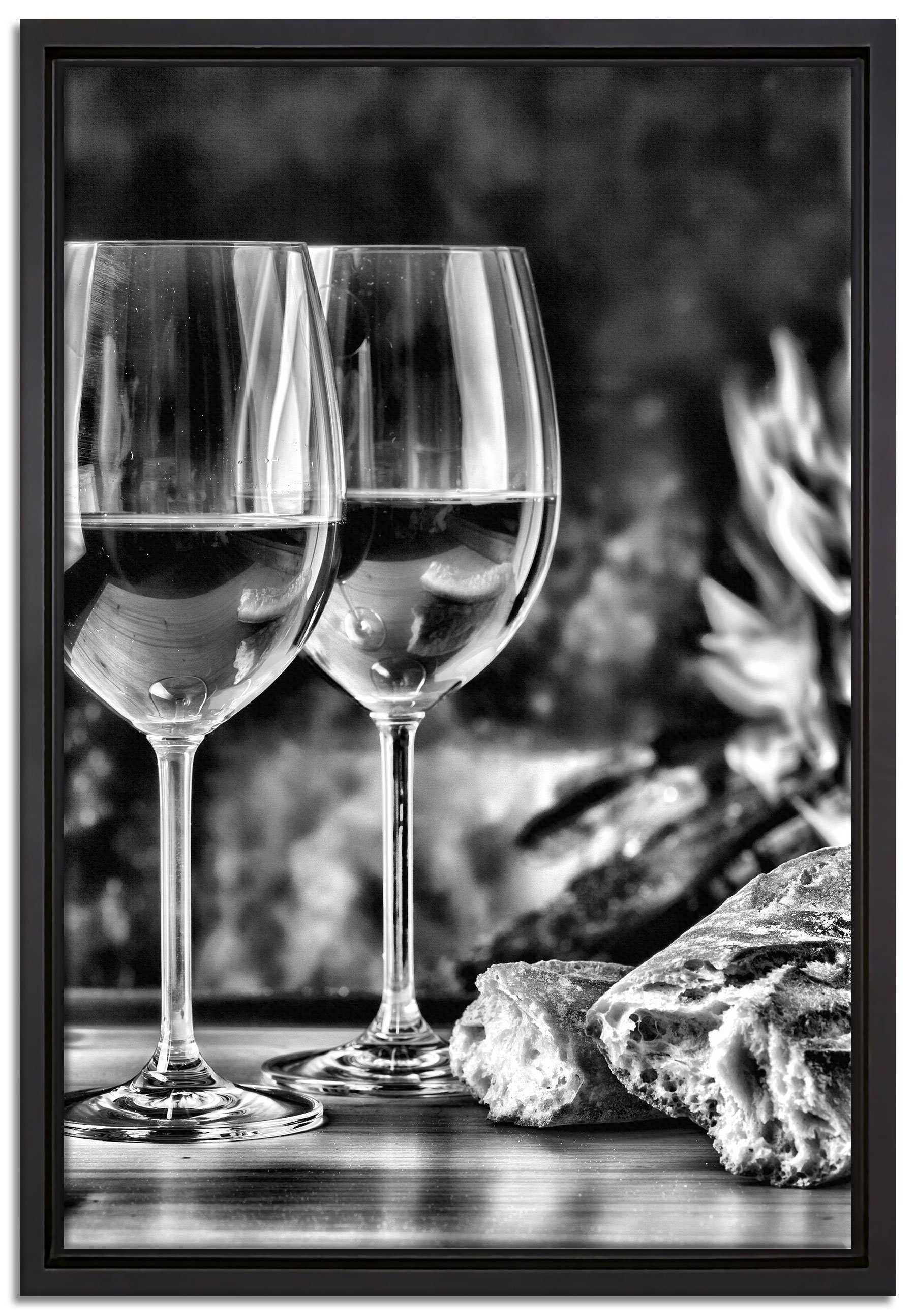 Pixxprint Leinwandbild Baguette Wein Alkohol, Wanddekoration (1 St), Leinwandbild fertig bespannt, in einem Schattenfugen-Bilderrahmen gefasst, inkl. Zackenaufhänger