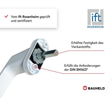 BAUHELD Fenstergriff Abschließbar, 35mm, L: 15,10 cm, (Widerstandsklasse RC-2, 1-tlg), Für Fenster, Terrassentür und Balkontür geeignet, ift Rosenheim geprüft [45° Rasterung] - Fenstersicherung Kindersicherung in Weiß Silber