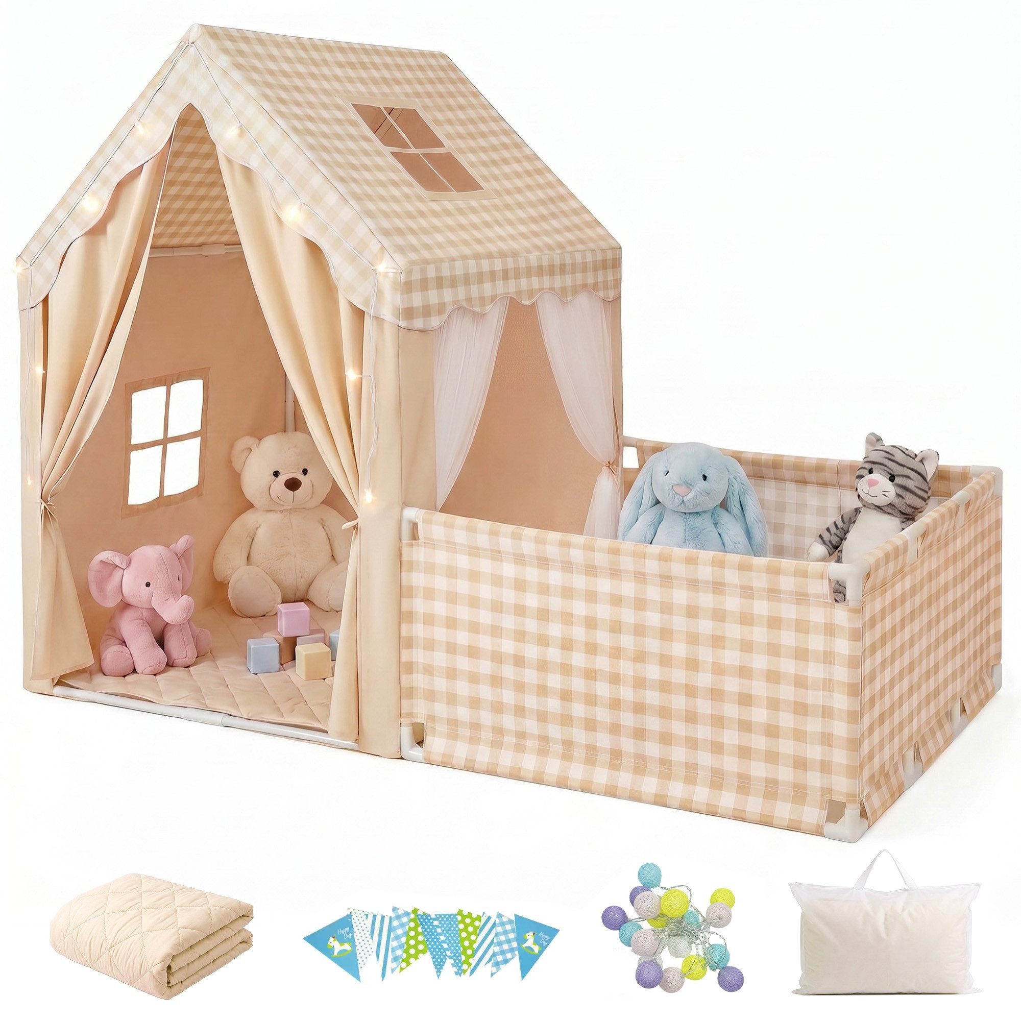 SEHAUSEU Spielzelt Kinderzelt Spielhaus mit Bodenmatte, Laufgitter und Lichterkette