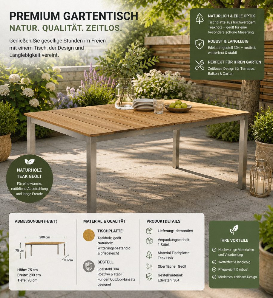 Wohnpalast Gartentisch Gartentisch 200 cm Teak FSC, geölt, Edelstahl, Garten, Balkon, Terras