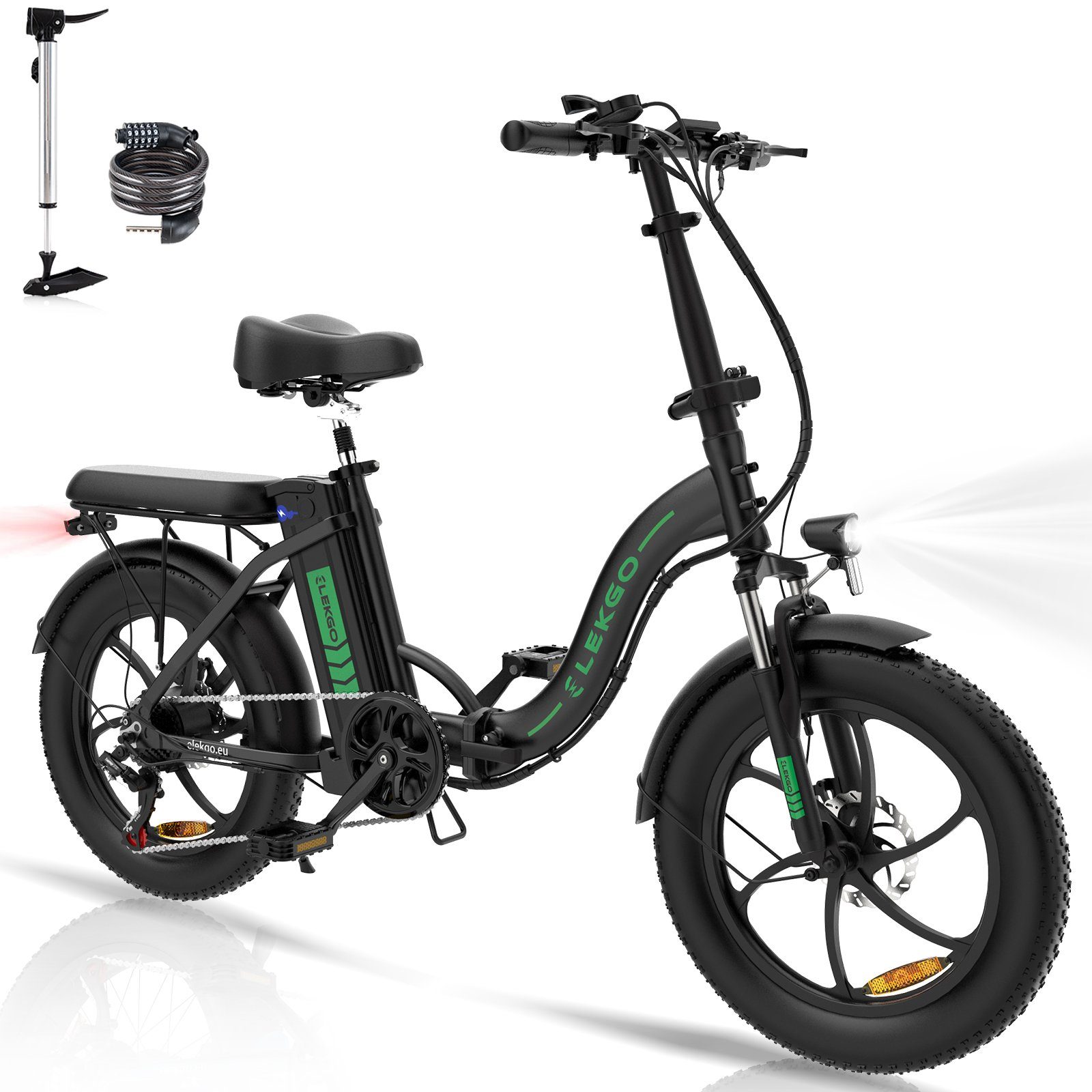 ELEKGO E-Bike 20X3,0 Elektrofahrrad E-Mountainbike mit 36V12Ah Akku, bis 35-90km, 7 Gang shimano, Kettenschaltung, Bürstenloser Motor Schwarz | E-Falträder