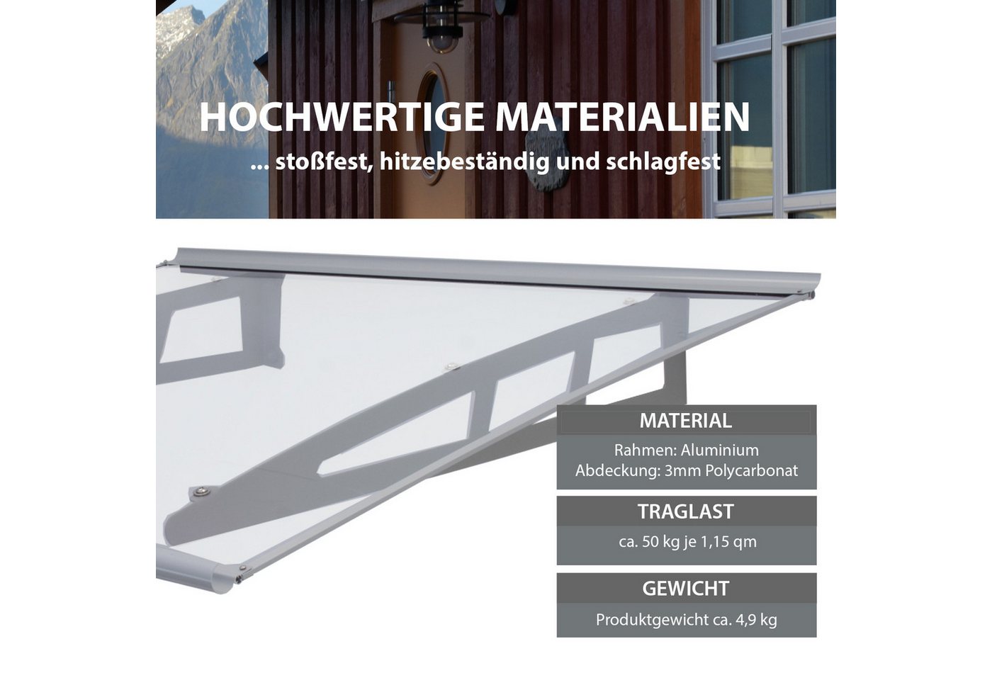 Thumbnail - TRUTZHOLM Vordach 115 x 80 cm Aluminium Türdach Türvordach Haustürvordach Überdachung (1 St)