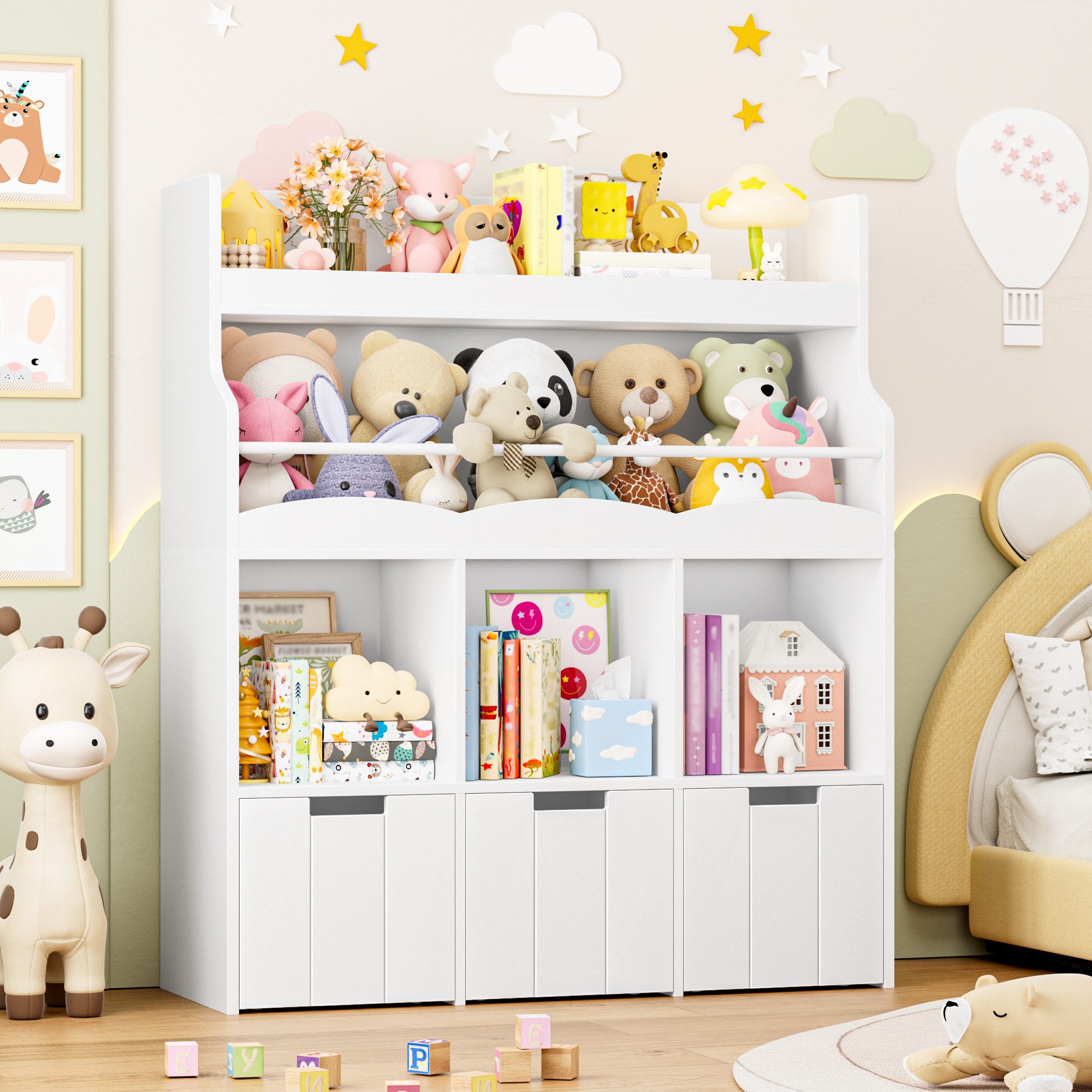 HOMECHO Spielzeugtruhe Kinderregal mit 5 Fächern und Rollschubladen, Weiß Kinderbücherregal für Schlafzimmer Kinderzimmer 110x100x30cm