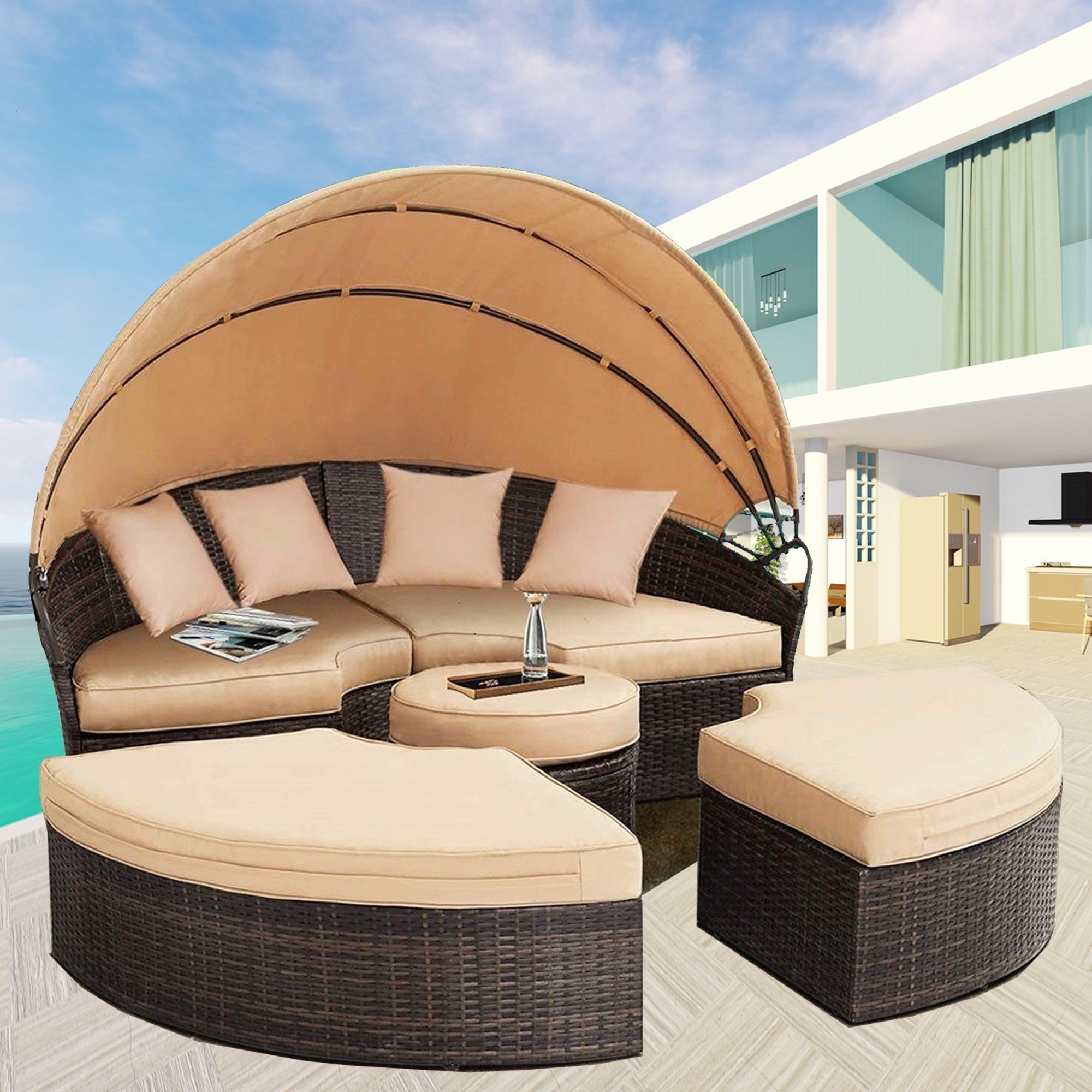 Melko Gartenlounge-Set Polyrattan Sonneninsel Tisch & günstig online kaufen