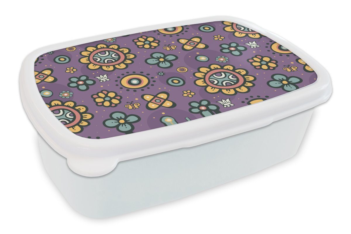 MuchoWow Lunchbox Mädchen - Schmetterling - Pflanzen - Muster - Mädchen - Kinder -, Kunststoff, (2-tlg), Brotbox für Kinder und Erwachsene, Brotdose, für Jungs und Mädchen weiß
