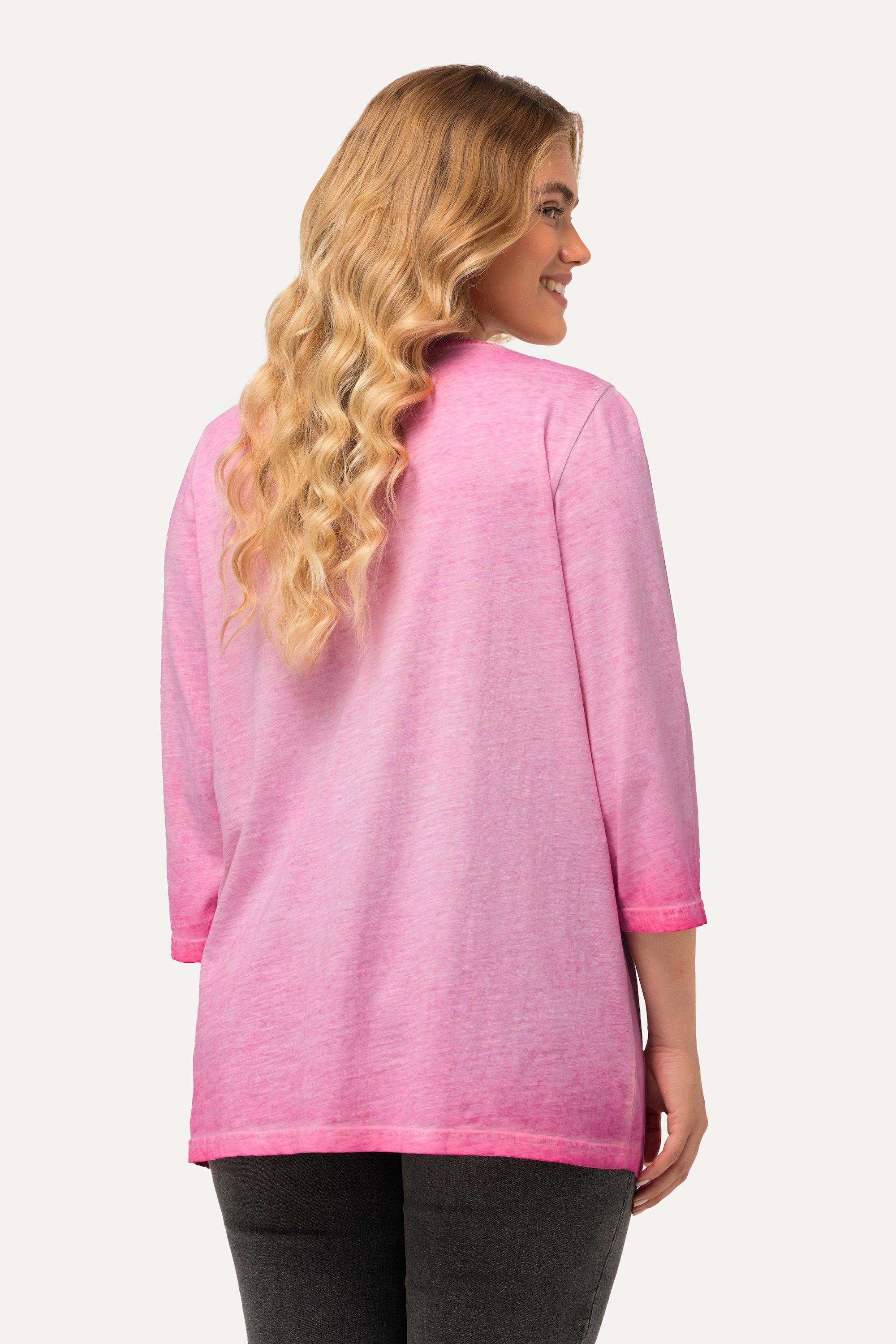 Ulla Popken Rundhalsshirt Shirt Grußmotiv 3/4-Arm pink V-Ausschnitt Cold Dyed