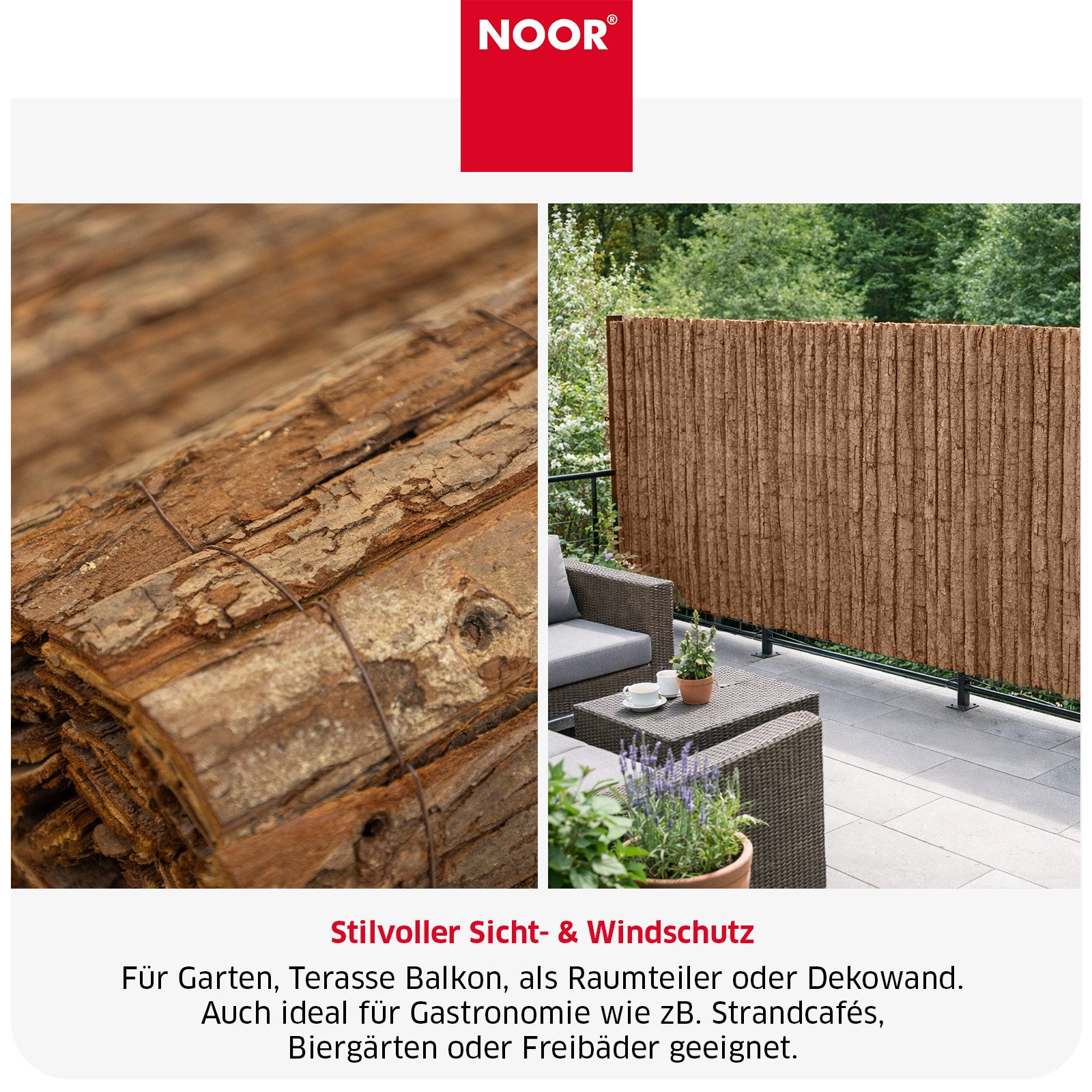 NOOR Sichtschutzzaunmatten Rindenmatte COUNTRY - natürlicher Sichtschutz aus Rindenstreifen, witterungsbeständig mit rustikaler Optik