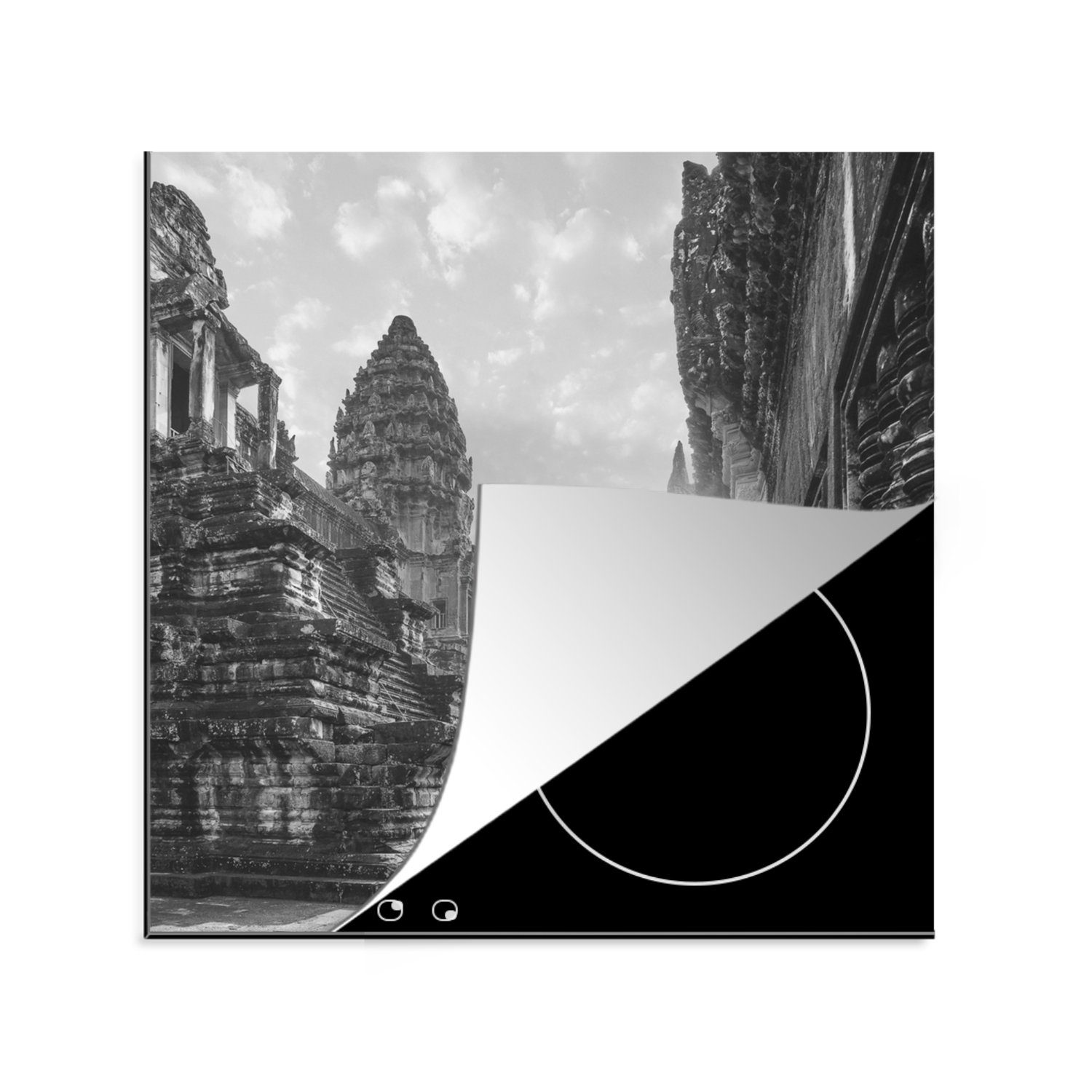 MuchoWow Herdblende-/Abdeckplatte Sonnenuntergang in Angkor Wat in schwarz-weiß, Vinyl, (1 tlg), 78x78 cm, Ceranfeldabdeckung, Arbeitsplatte für küche
