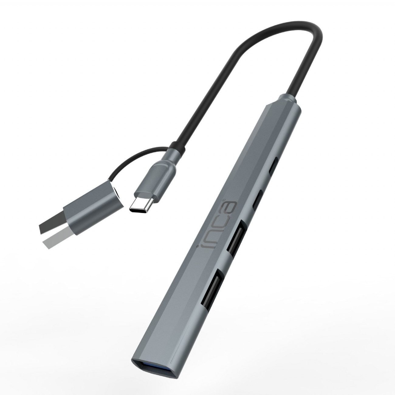 INCA IUTP-06TX USB-Adapter USB-C Stecker zu USB-A Buchse, USB-C Buchse, USB-C Hub 4-in-1 mit 100 W PD und Aluminiumgehäuse