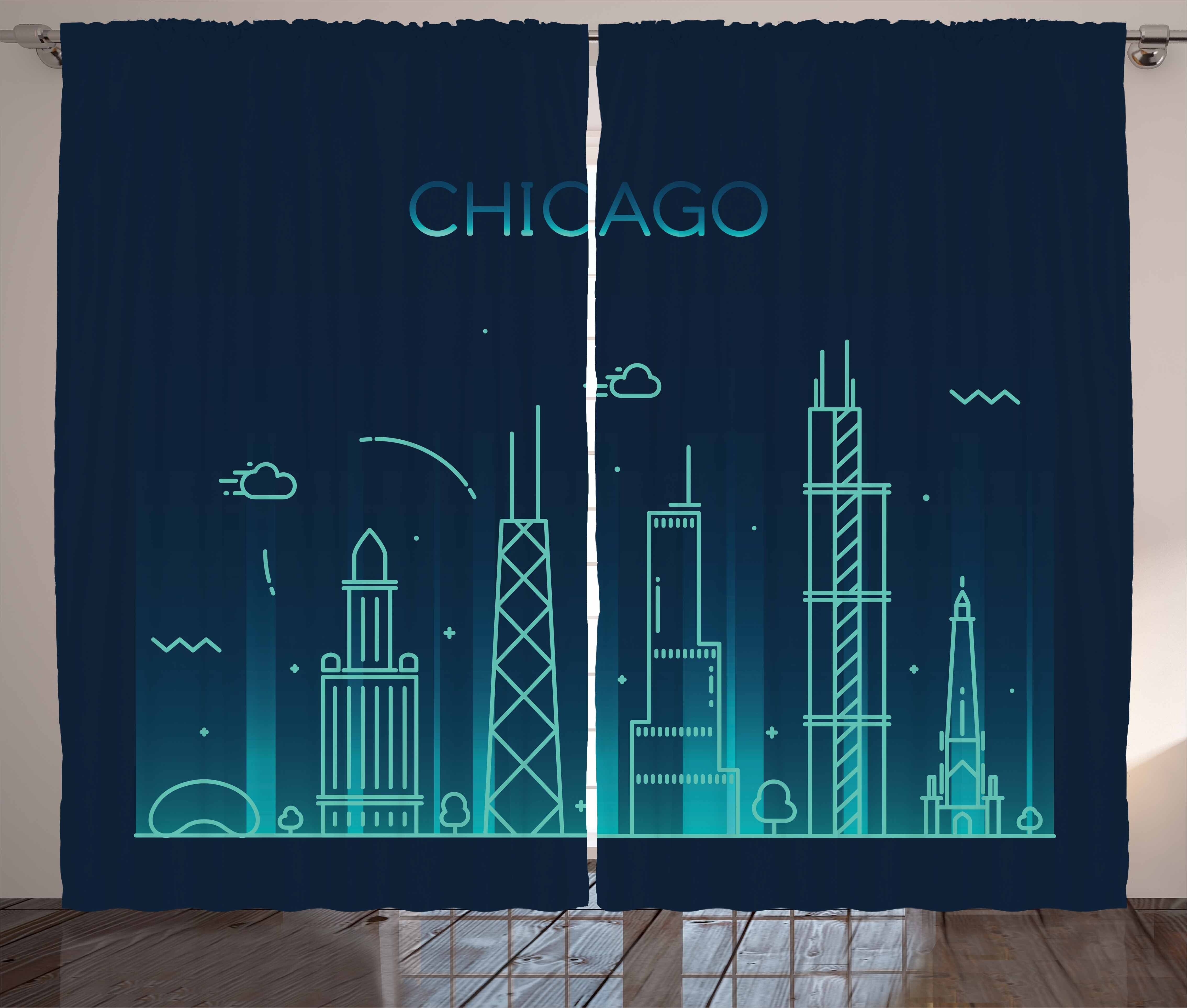 Gardine Schlafzimmer Kräuselband Vorhang mit Schlaufen und Haken, Abakuhaus, Chicago Skyline Blue Panorama