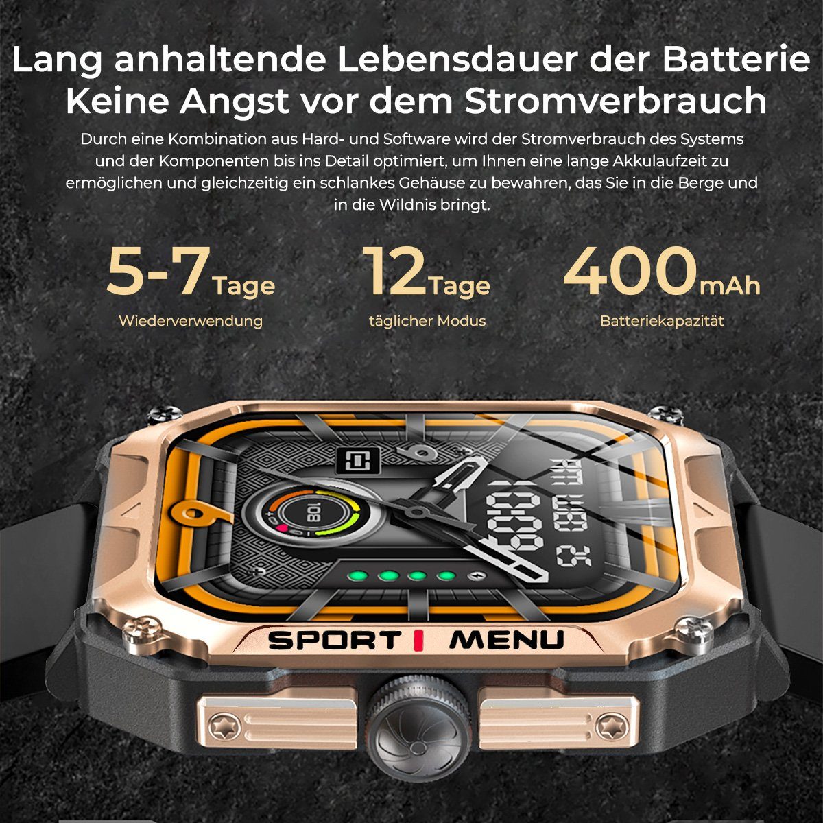 7Magic Smartwatch Herren Damen Touchscreen Zoll), 2,02” Schlafmonito mit IP68 (2.02 Tracker, Sportuhr Telefonfunktion Wasserdicht Gold Outdoor Fitness Smartwatch