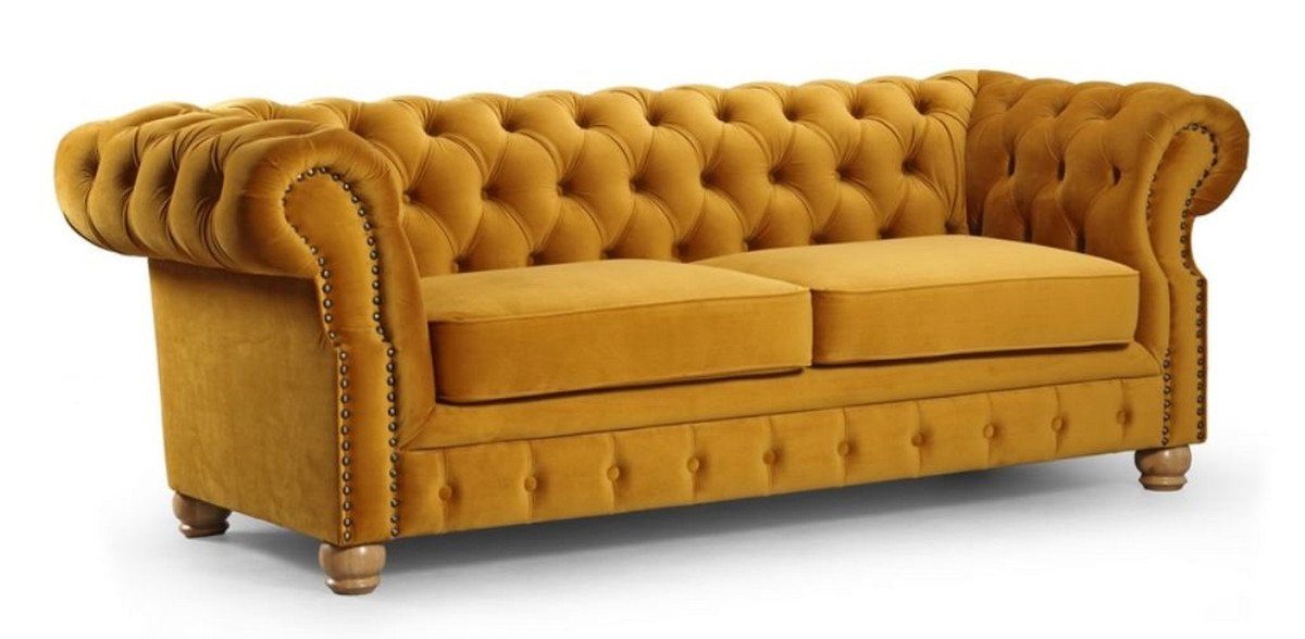 Casa Padrino Chesterfield-Sofa Luxus Chesterfield 2er Sofa Ocker / Hellbraun 167 x 93 x H. 77 cm - Chesterfield Wohnzimmer Sofa - Chesterfield Wohnzimmer Möbel