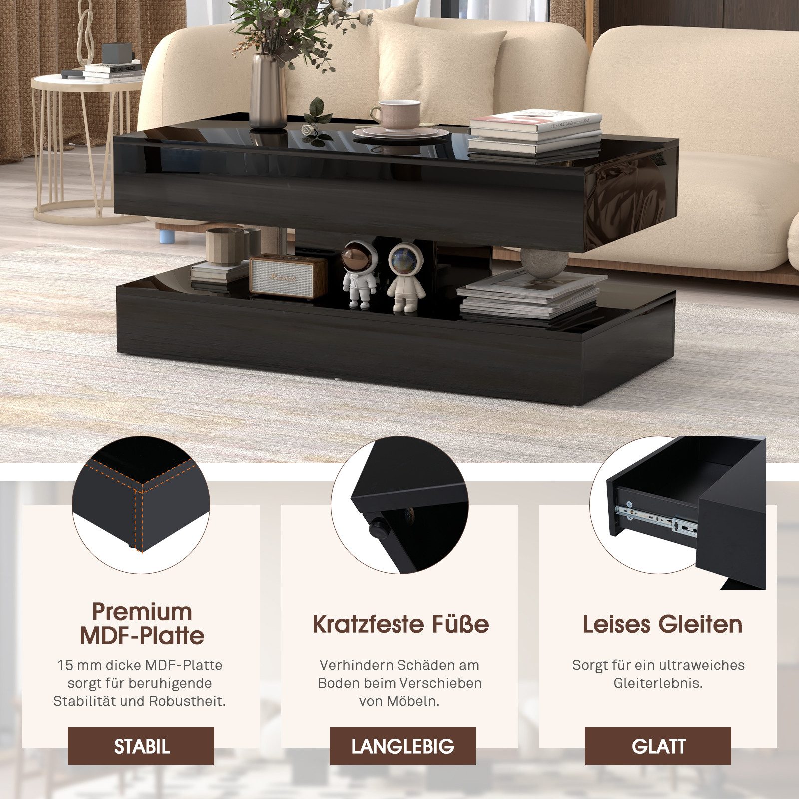 Sunsitt Couchtisch Couchtisch im Hochglanz Moderner Kaffeetisch mit 2 Schuhbladen (Wohnzimmertisch in 100 x50x45cm), Sofatisch für Wohnzimmer, Schlafzimmer, Büro, Schwarz