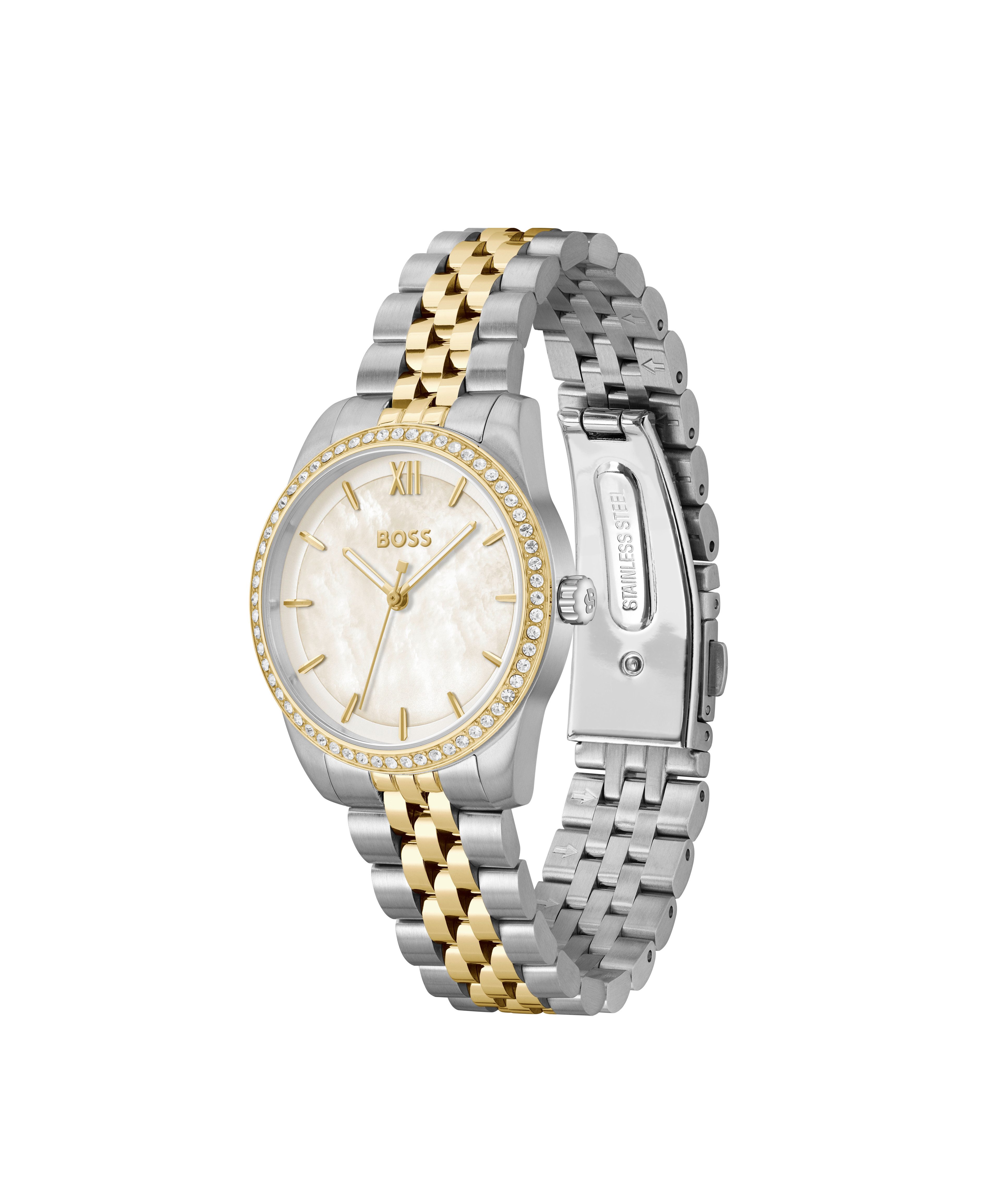 BOSS Quarzuhr GRACEFUL 1502867, Armbanduhr, Damenuhr, Edelstahlarmband, analog, Glaskristalle