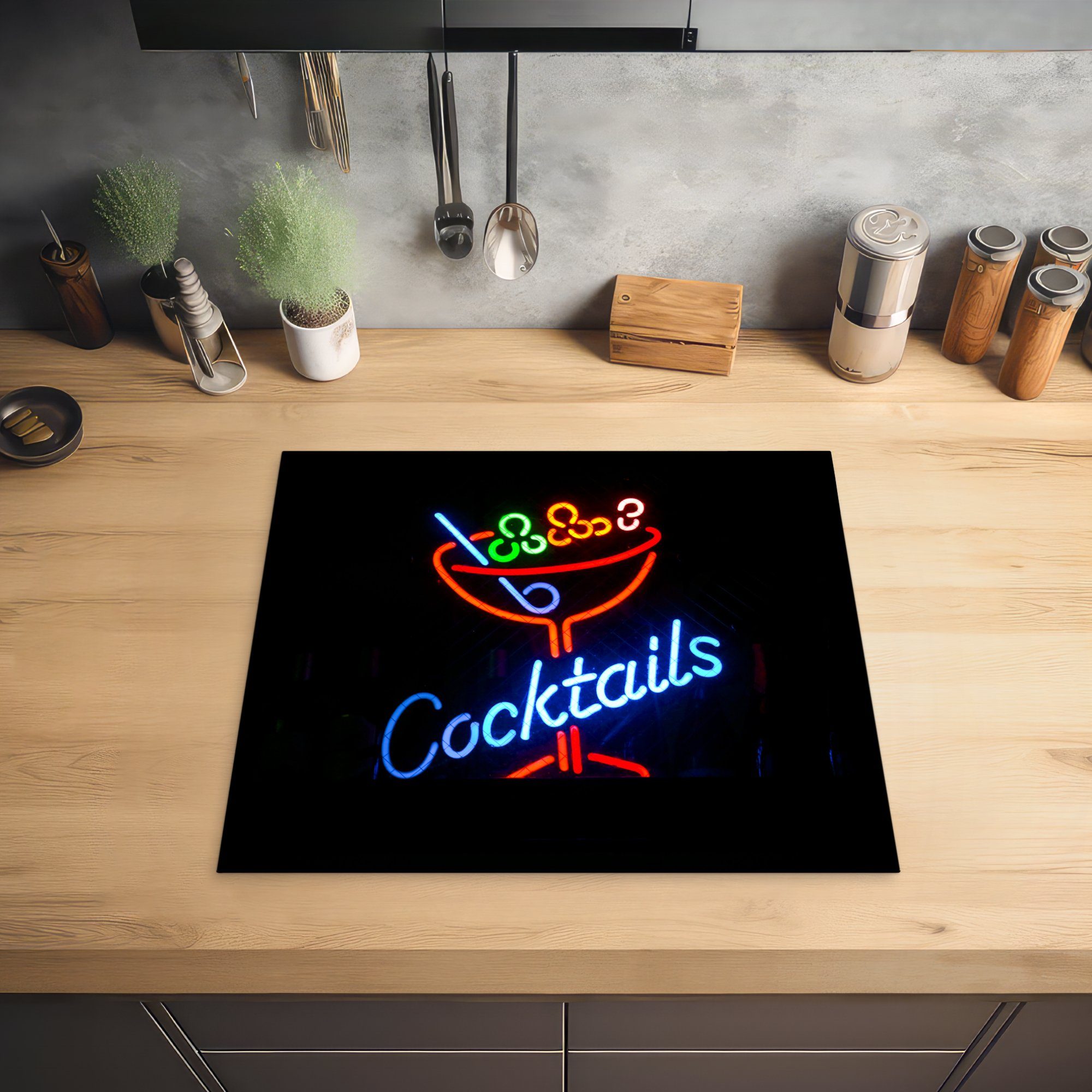 küche, Vinyl, MuchoWow Induktionsmatte tlg), Ceranfeldabdeckung (1 die Herdblende-/Abdeckplatte 59x52 für cm, Neon-Cocktail,