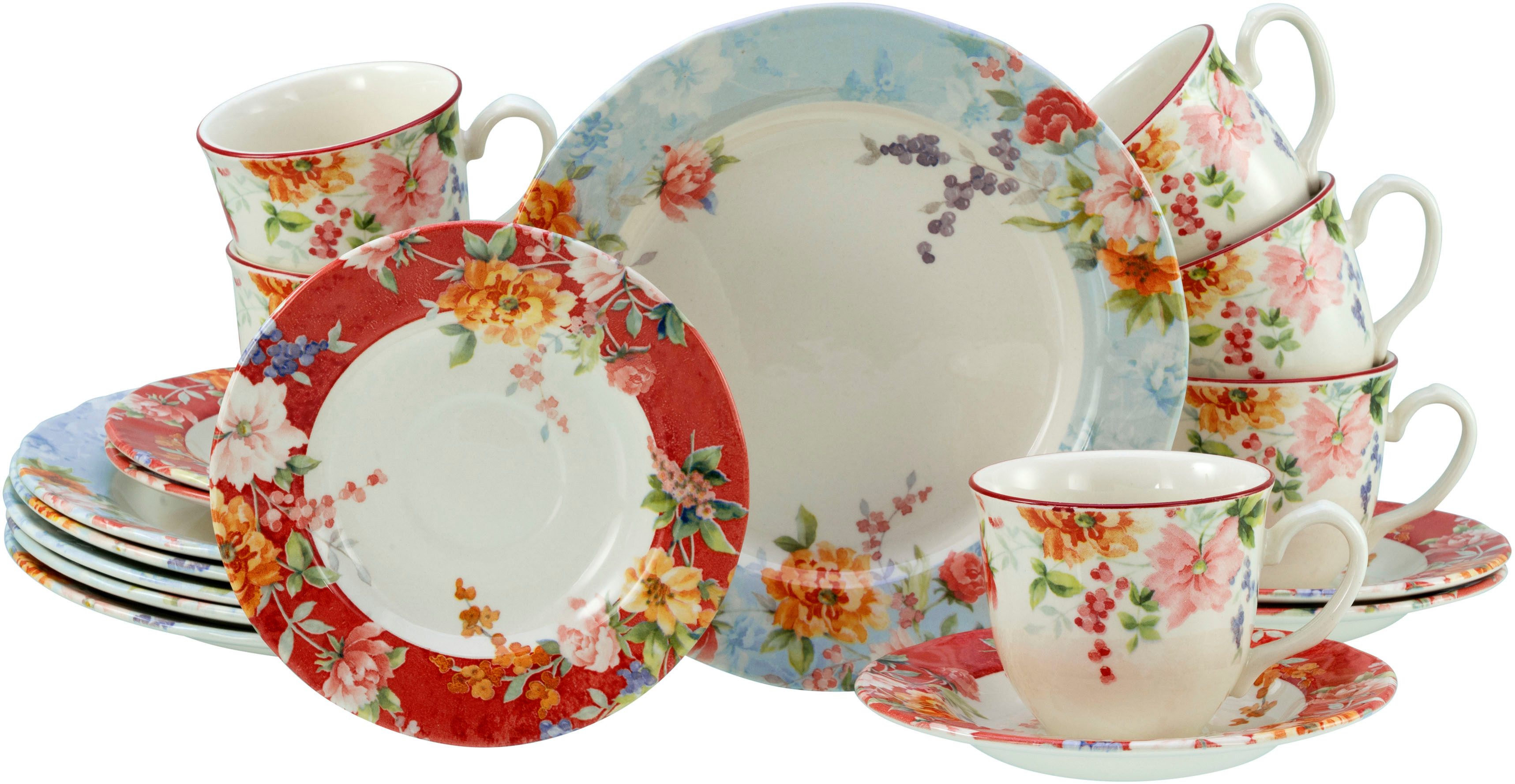 CreaTable Kaffeeservice Crimson Bunt, Service 18-tlg. (18-tlg), 6 Personen, Steingut, Blütendekor, Designklassiker